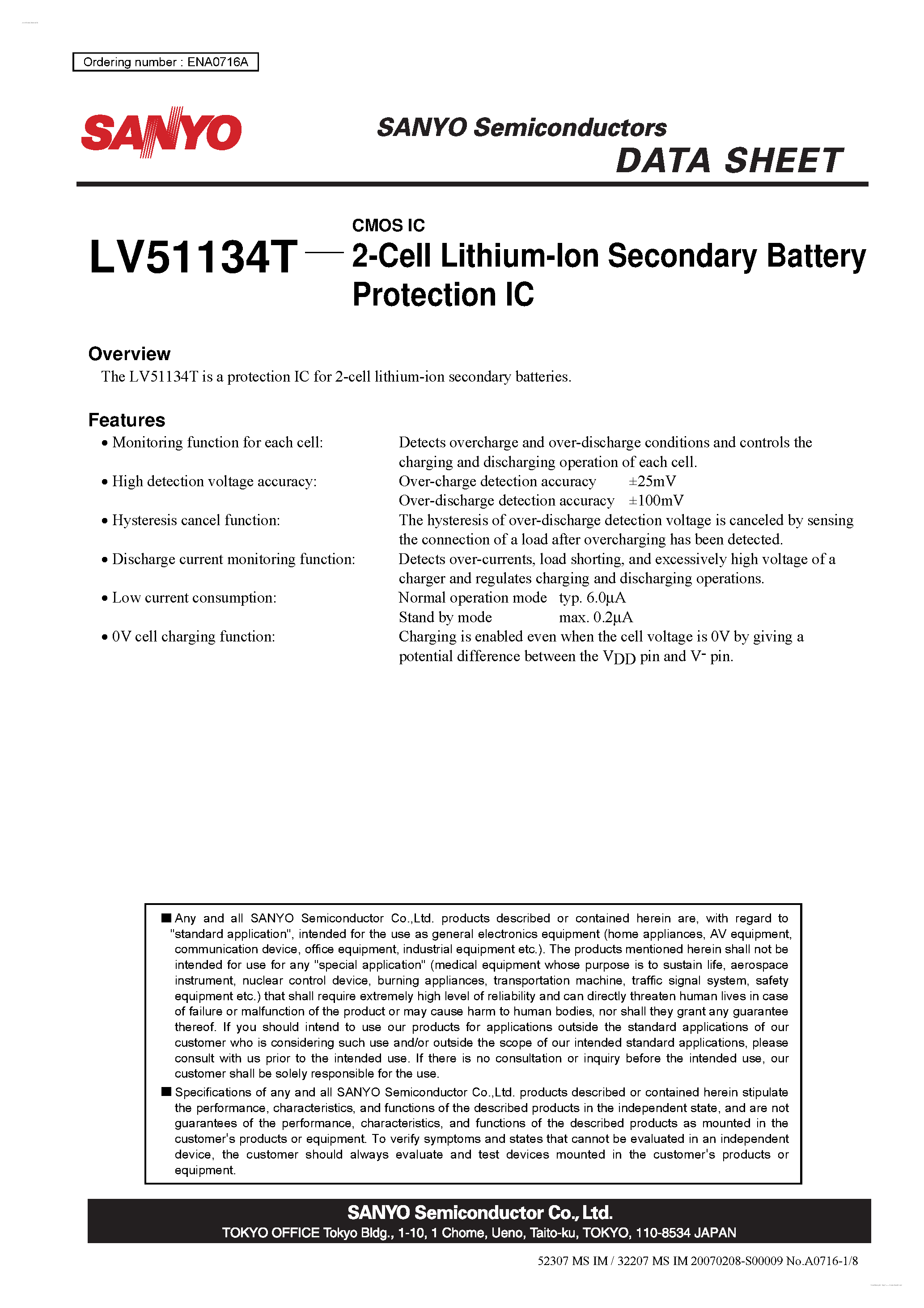 Даташит LV51134T - 2-Cell Lithium-Ion Secondary Battery Protection IC страница 1