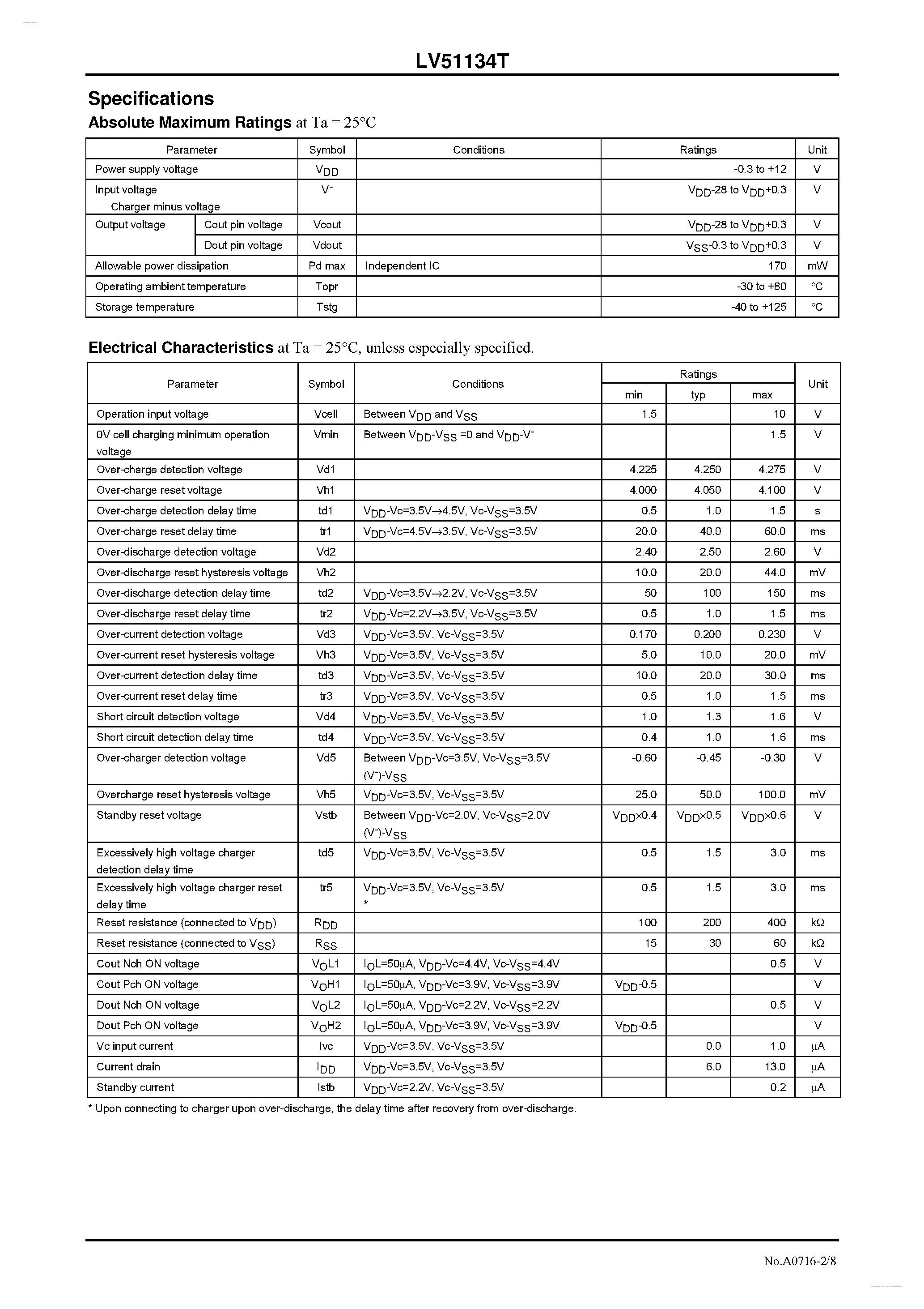 Даташит LV51134T - 2-Cell Lithium-Ion Secondary Battery Protection IC страница 2