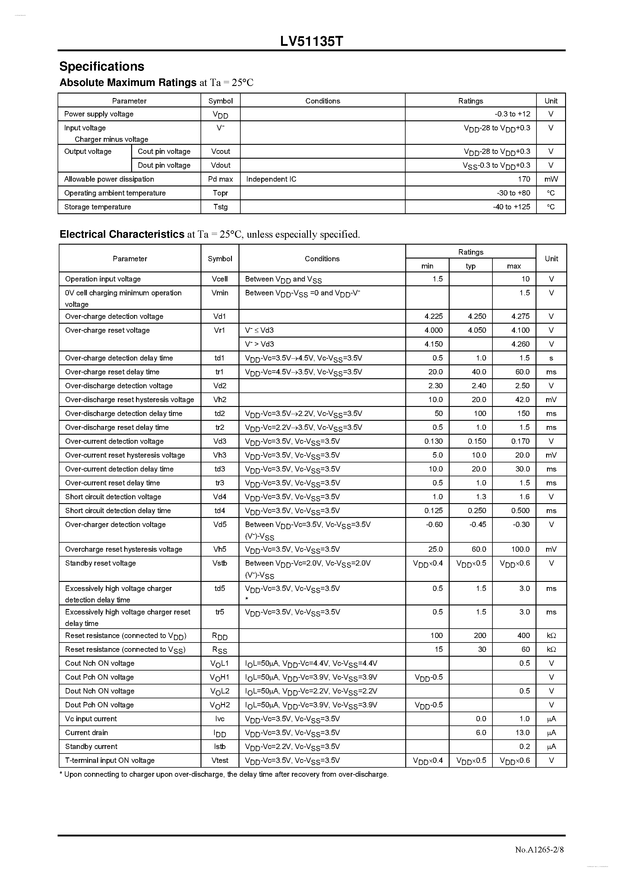 Даташит LV51135T - 2-Cell Lithium-Ion Secondary Battery Protection IC страница 2