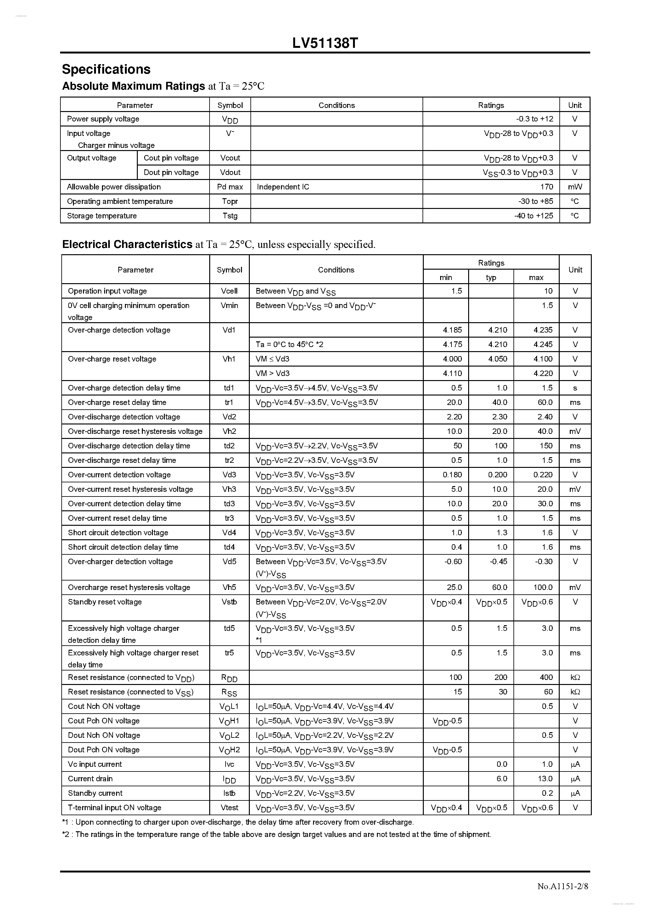Даташит LV51138T - 2-Cell Lithium-Ion Secondary Battery Protection IC страница 2