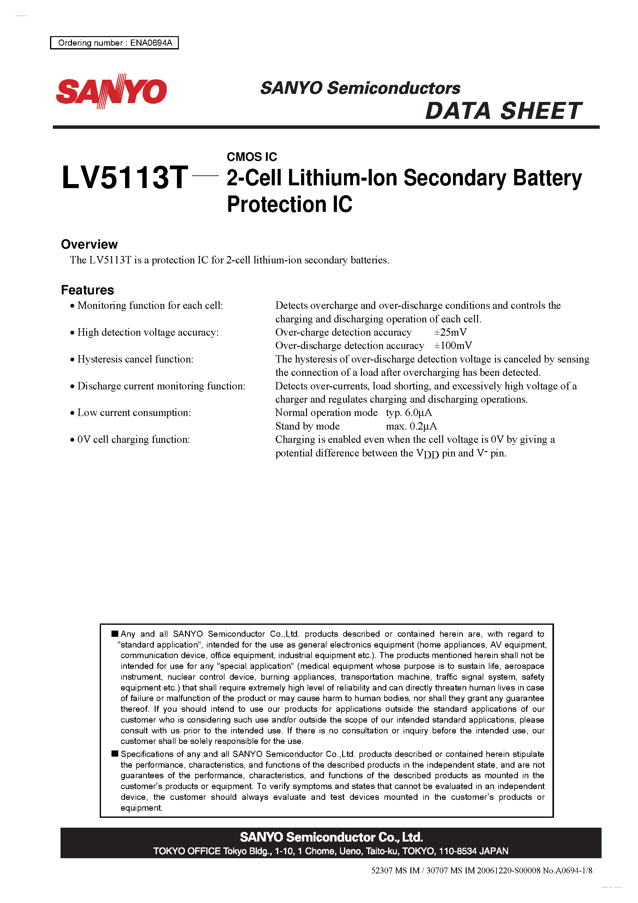 Даташит LV5113T - 2-Cell Lithium-Ion Secondary Battery Protection IC страница 1