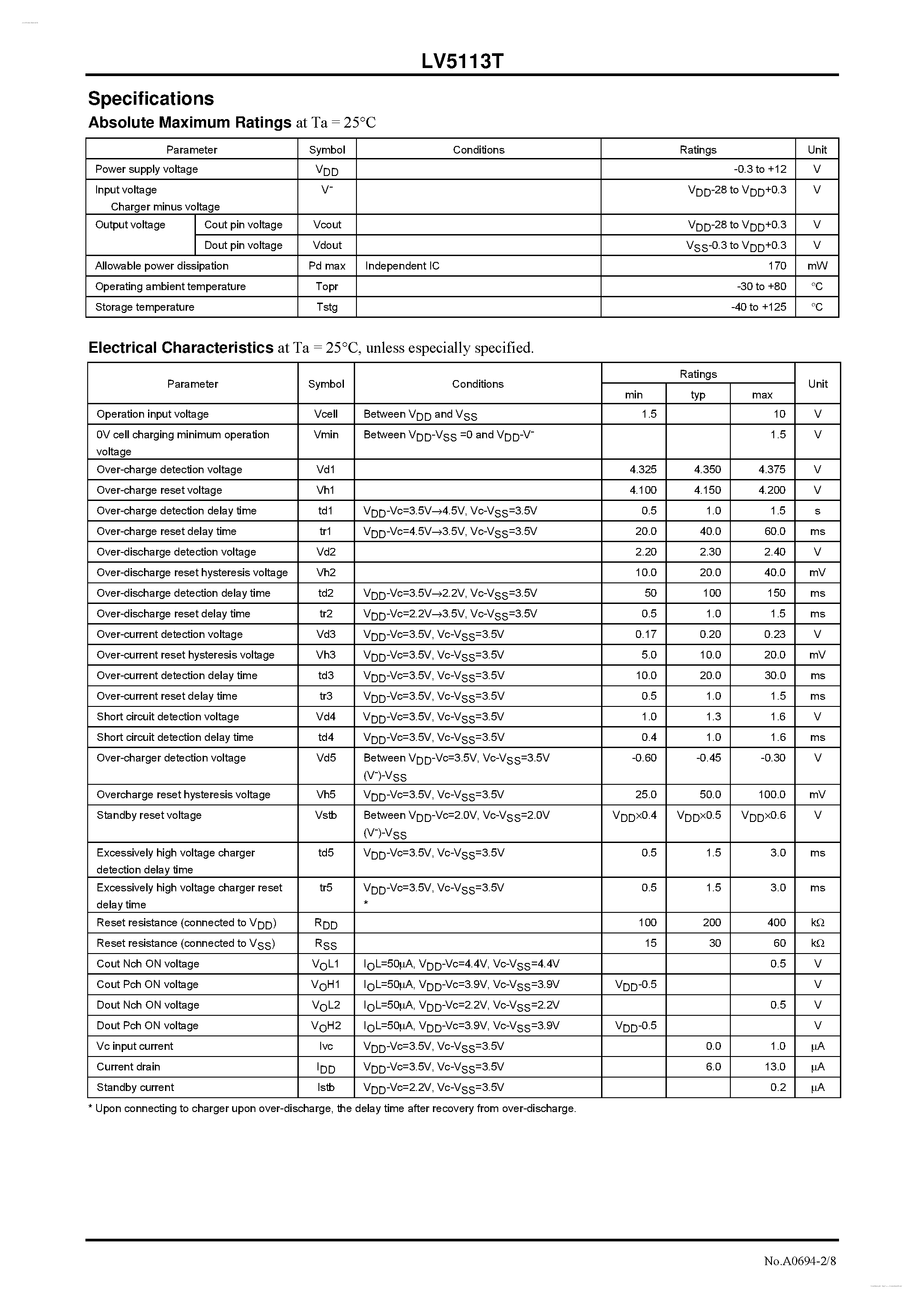 Даташит LV5113T - 2-Cell Lithium-Ion Secondary Battery Protection IC страница 2