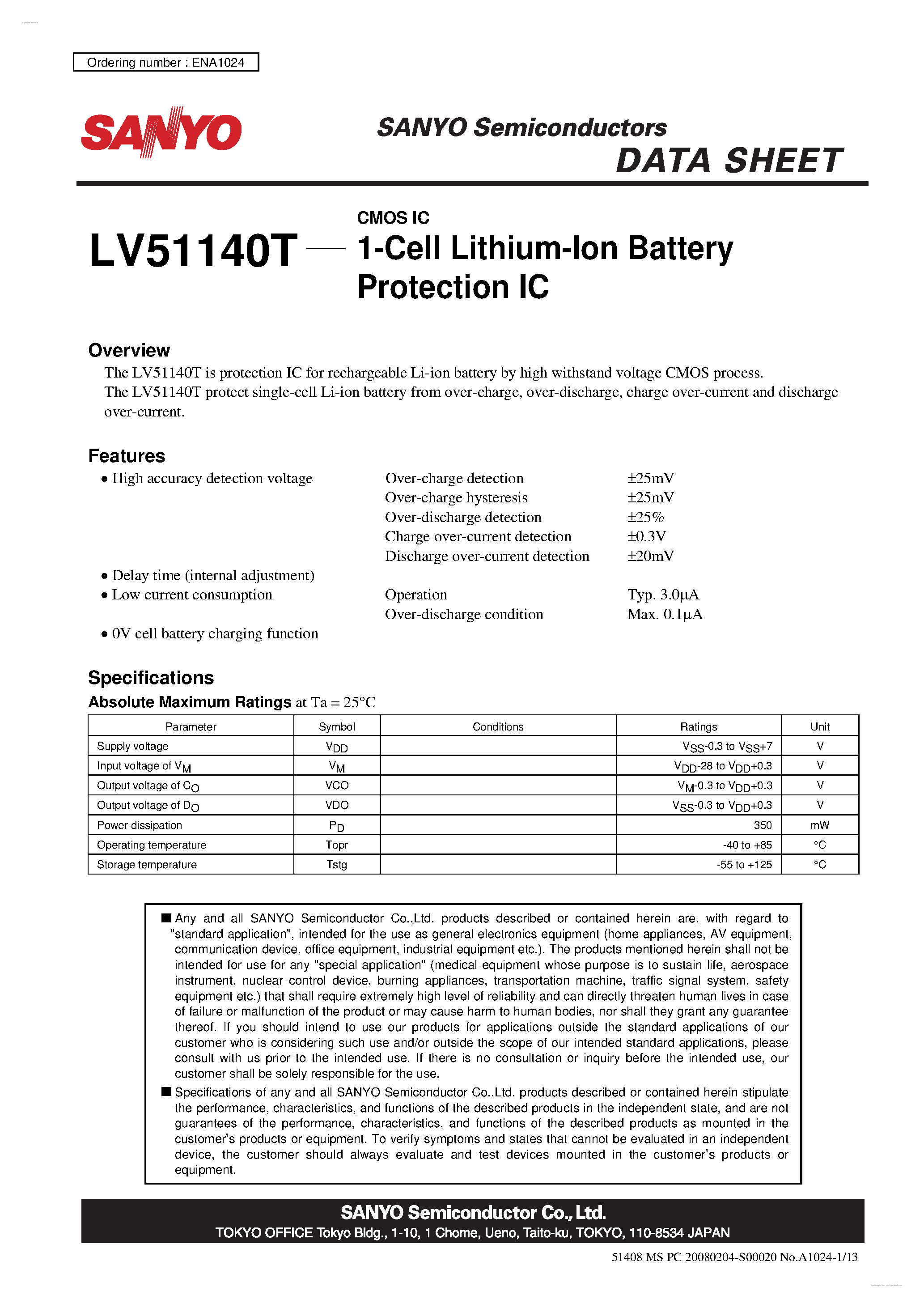 Datasheet LV51140T - 1-Cell Lithium-Ion Battery Protection IC page 1