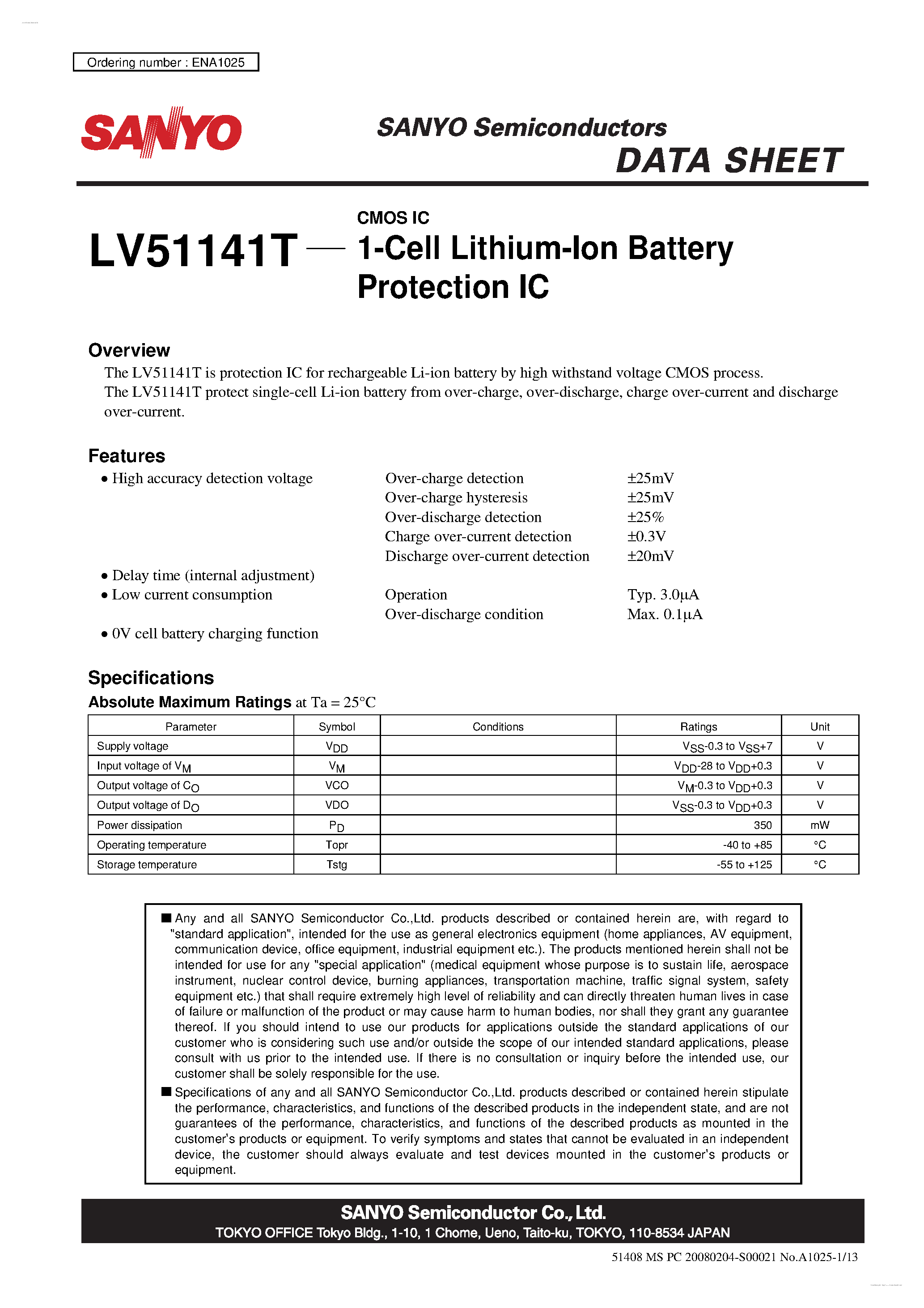 Datasheet LV51141T - 1-Cell Lithium-Ion Battery Protection IC page 1