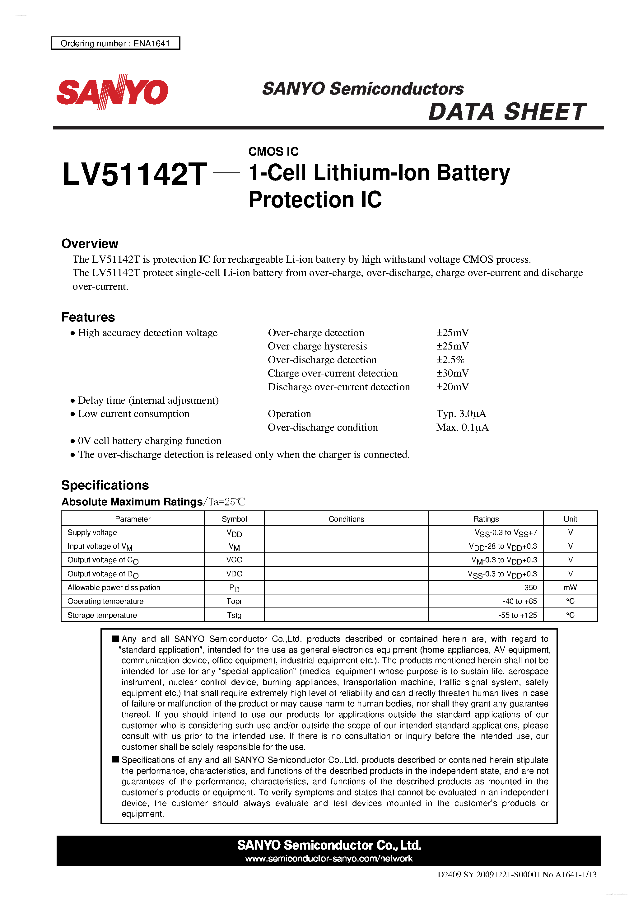Datasheet LV51142T - 1-Cell Lithium-Ion Battery Protection IC page 1