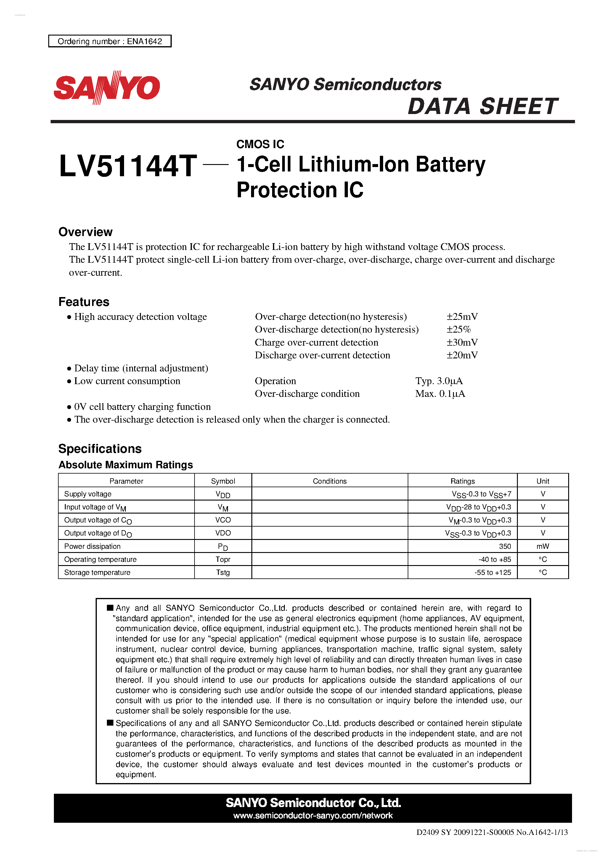 Datasheet LV51144T - 1-Cell Lithium-Ion Battery Protection IC page 1