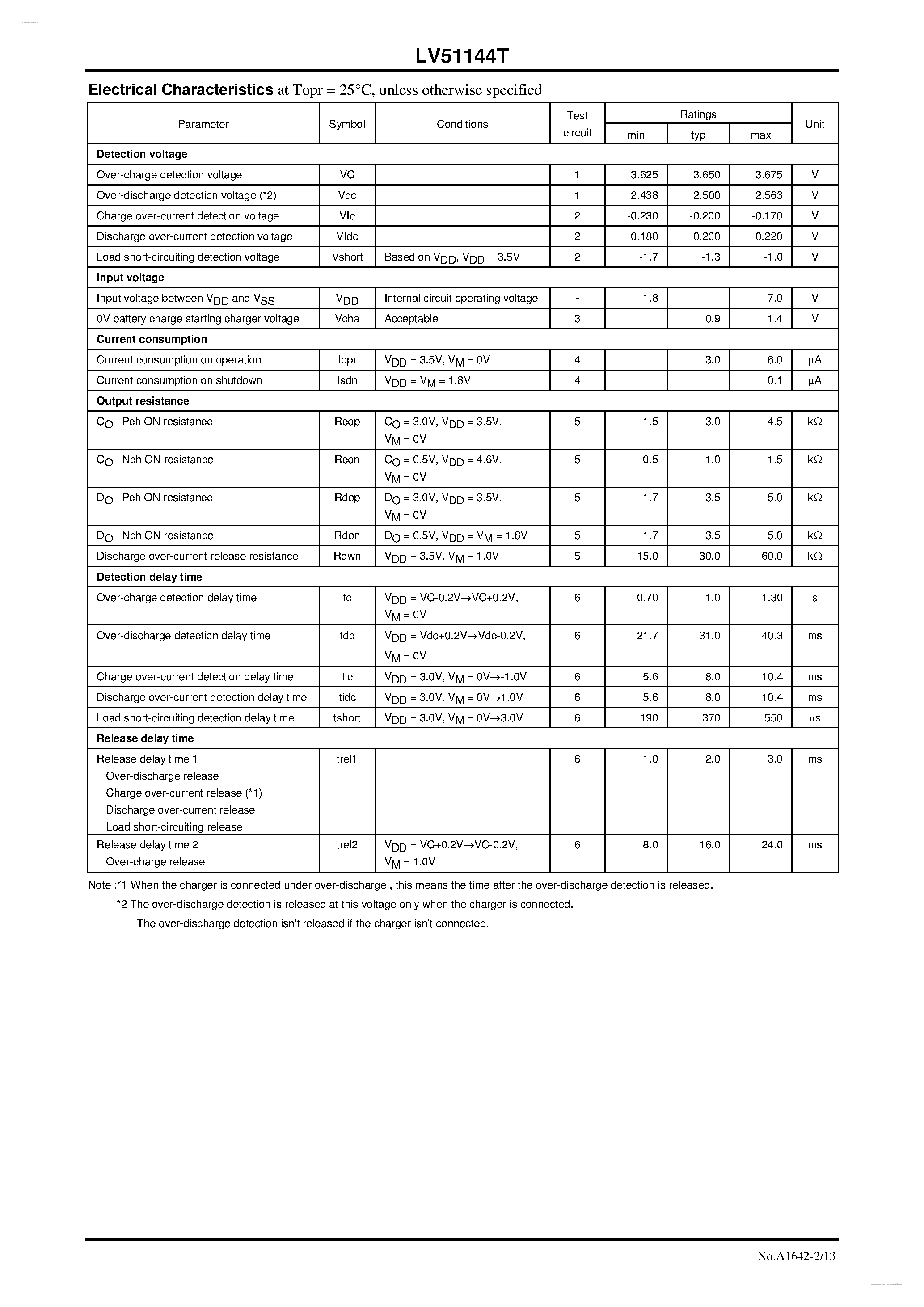 Datasheet LV51144T - 1-Cell Lithium-Ion Battery Protection IC page 2