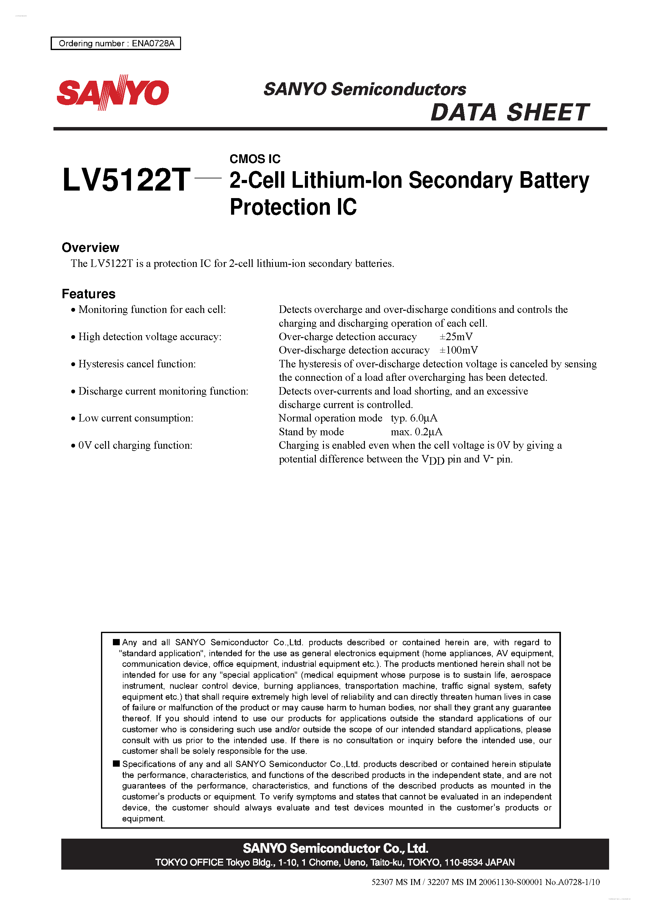Даташит LV5122T - 2-Cell Lithium-Ion Secondary Battery Protection IC страница 1