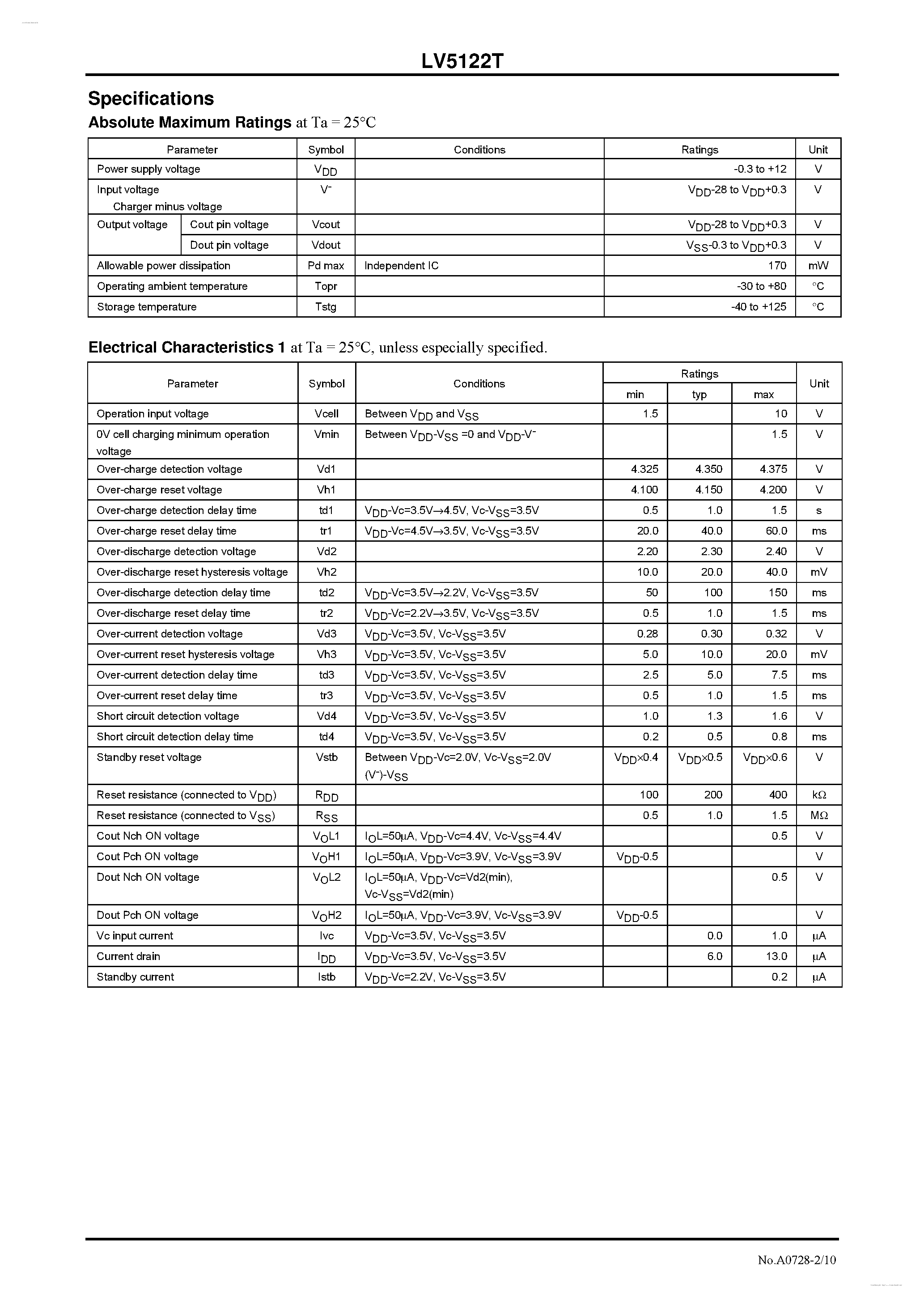 Даташит LV5122T - 2-Cell Lithium-Ion Secondary Battery Protection IC страница 2