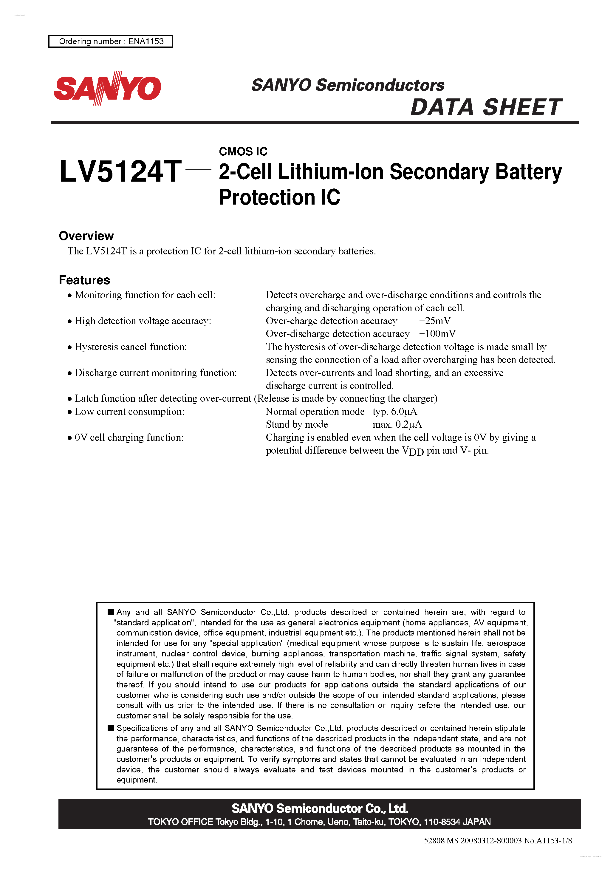 Даташит LV5124T - 2-Cell Lithium-Ion Secondary Battery Protection IC страница 1