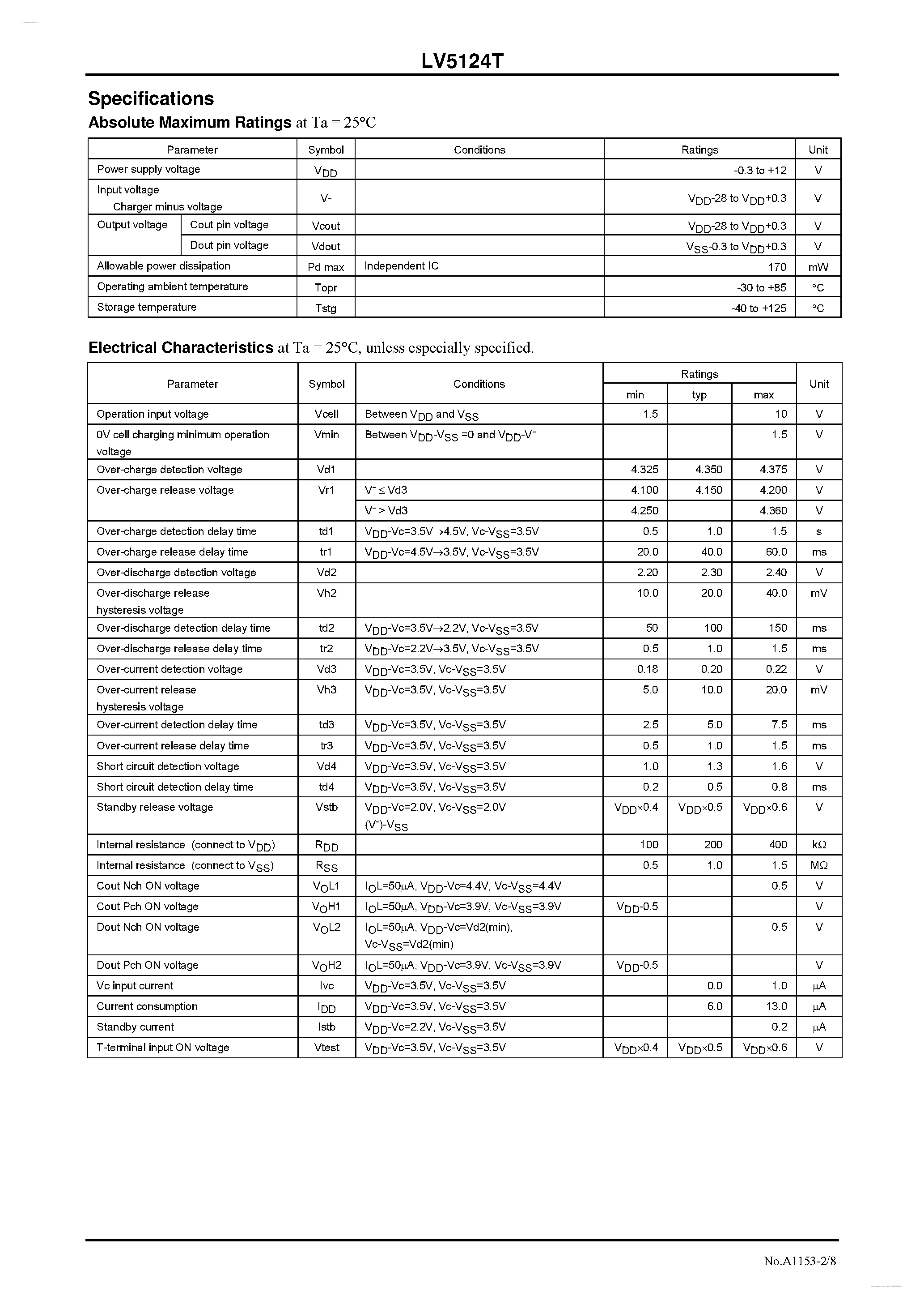 Даташит LV5124T - 2-Cell Lithium-Ion Secondary Battery Protection IC страница 2