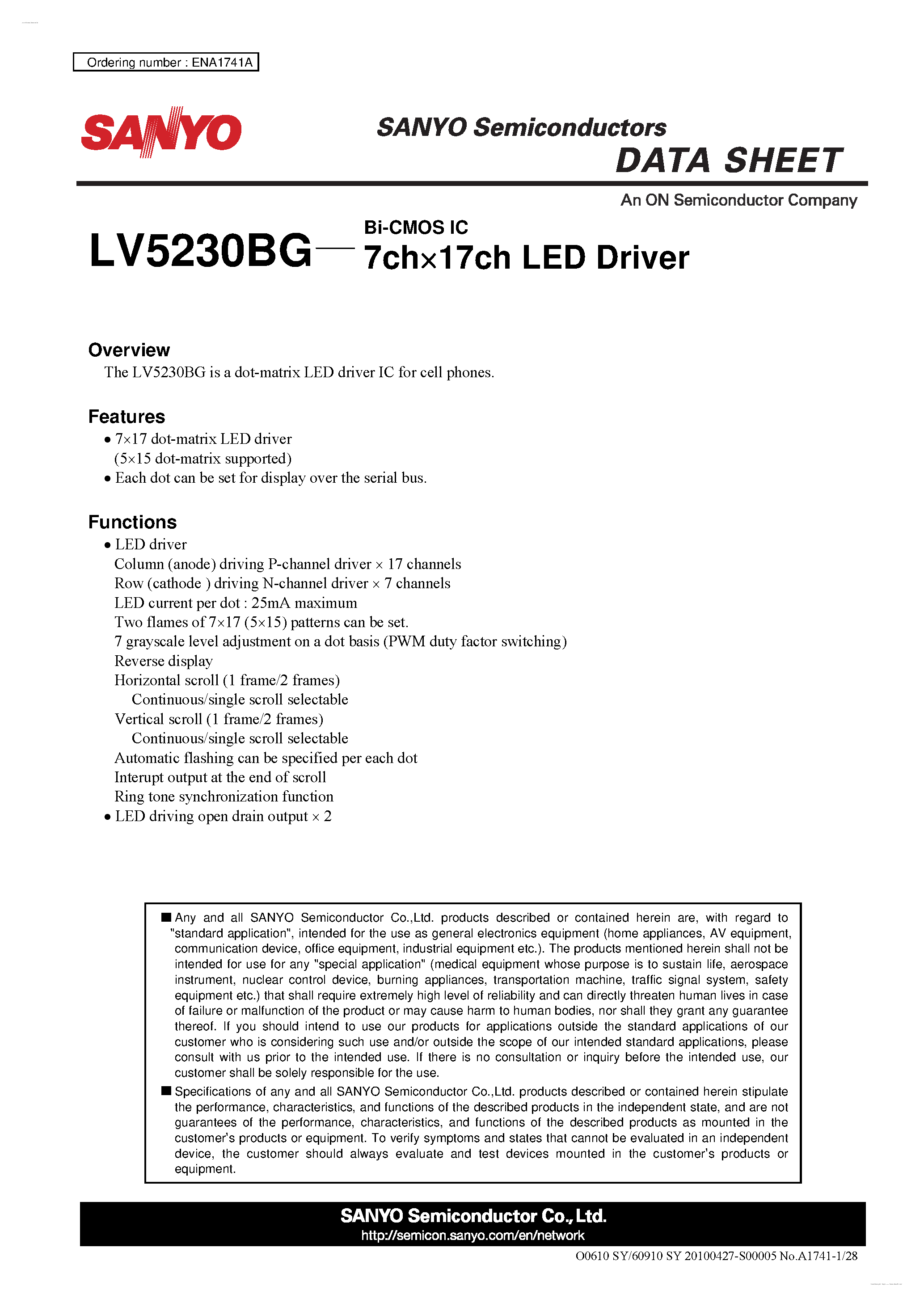 Даташит LV5230BG - 7ch X 17ch LED Driver страница 1