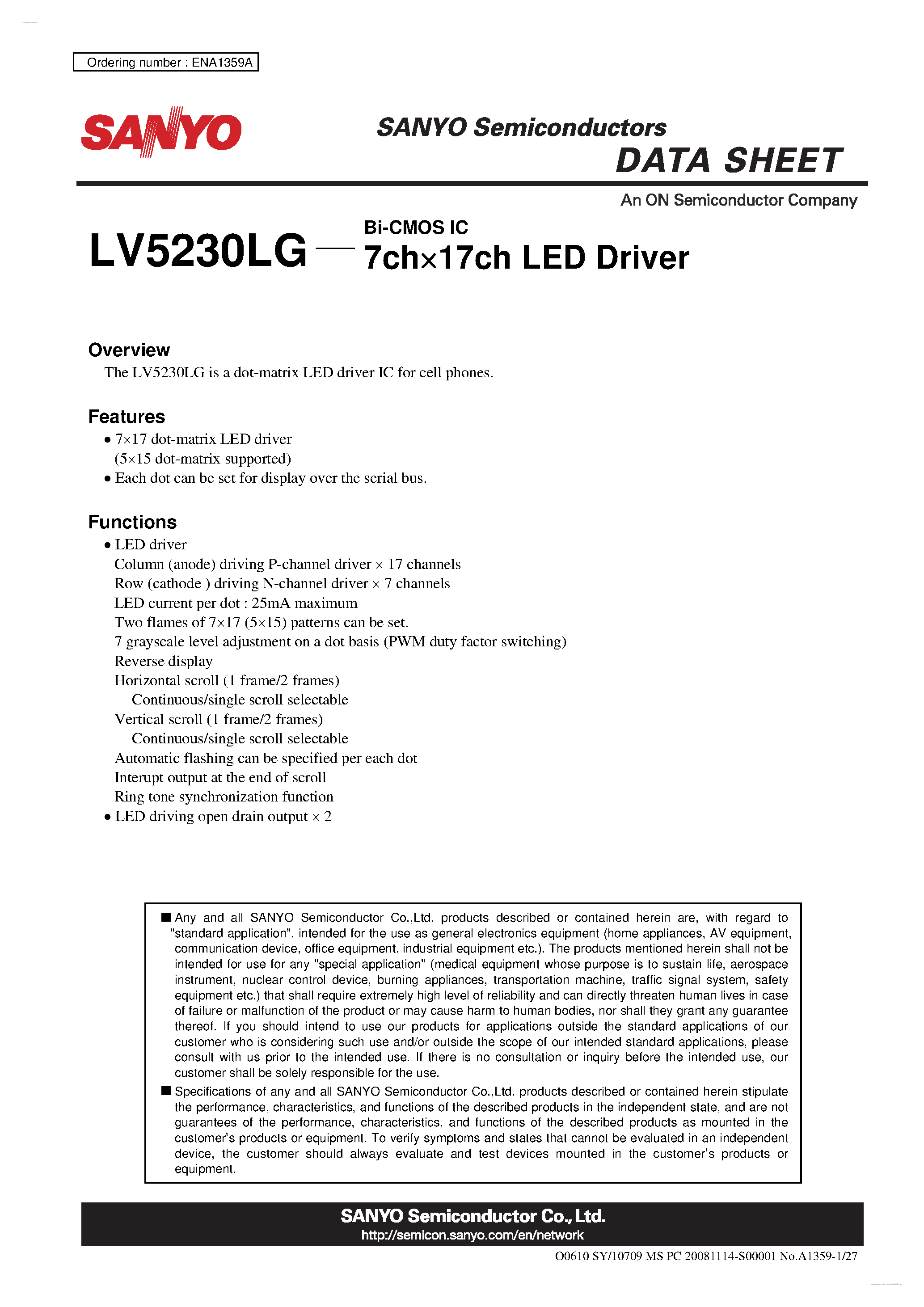 Даташит LV5230LG - 7ch X 17ch LED Driver страница 1