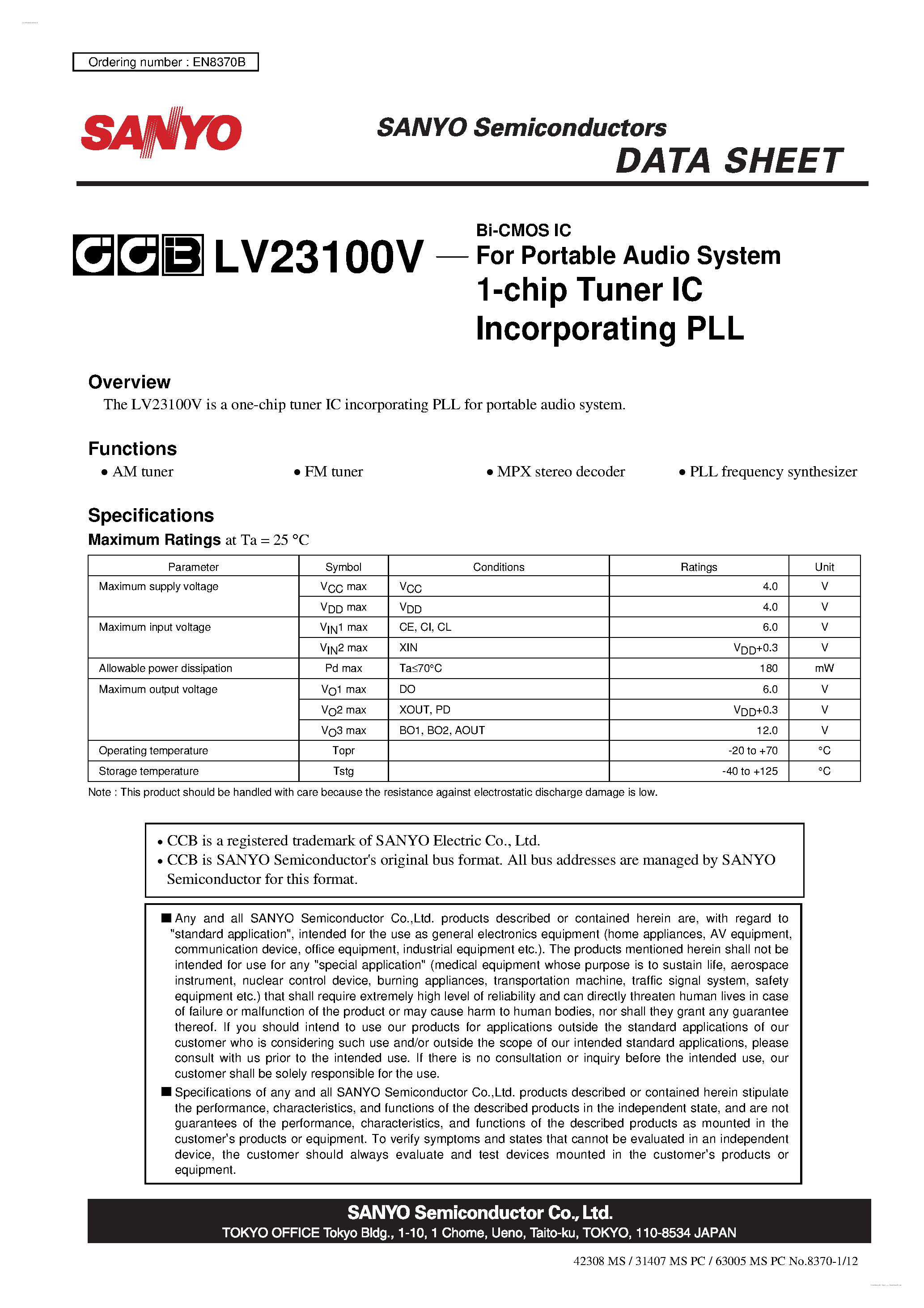 Даташит LV23100V - 1-chip Tuner IC Incorporating PLL страница 1