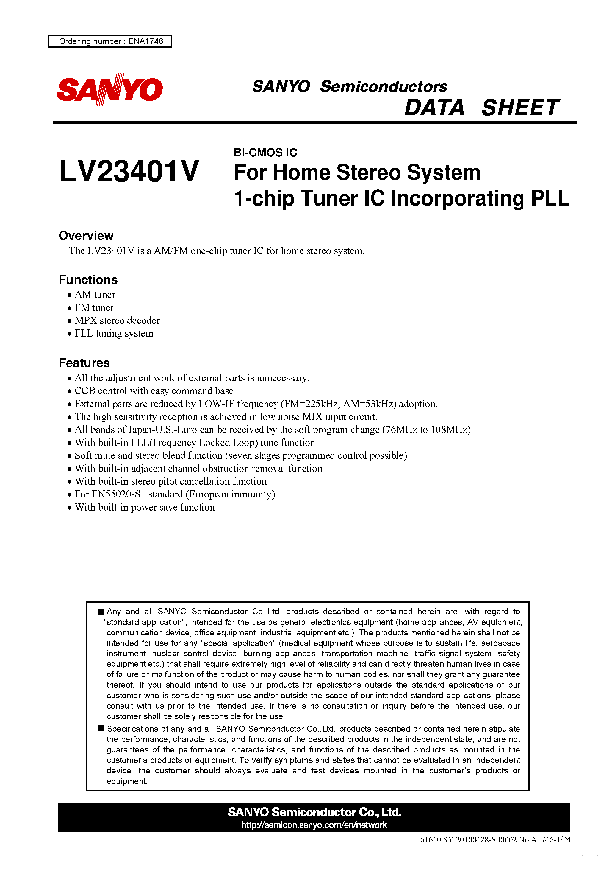 Даташит LV23401V - 1-chip Tuner IC Incorporating PLL страница 1