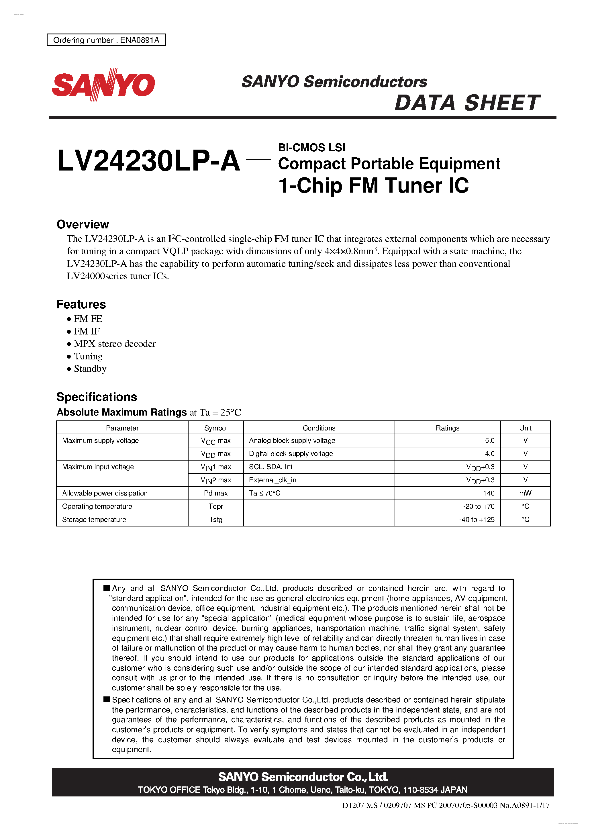 Datasheet LV24230LP-A - 1-Chip FM Tuner IC page 1