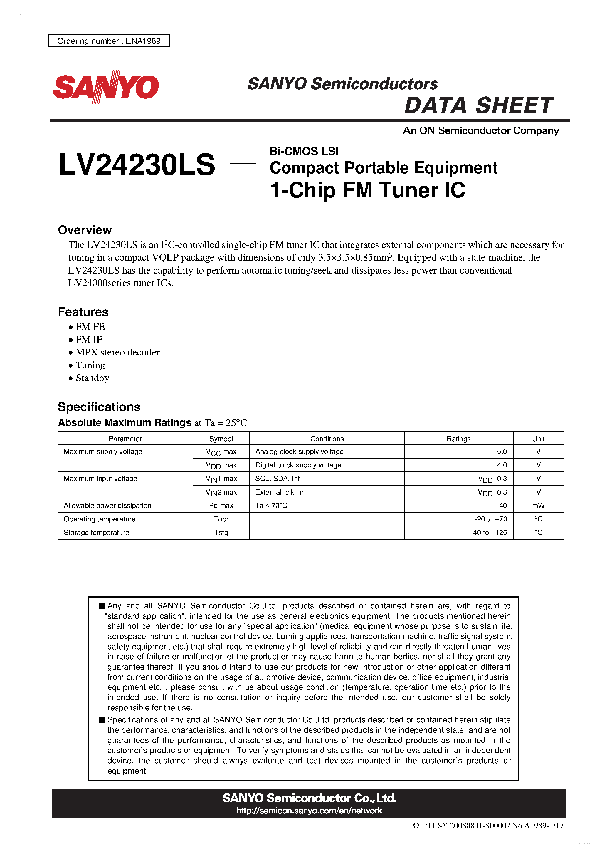 Даташит на микросхему LV24230LS страница 1 Даташит LV24230LS - 1-Chip FM Tuner IC страница 1