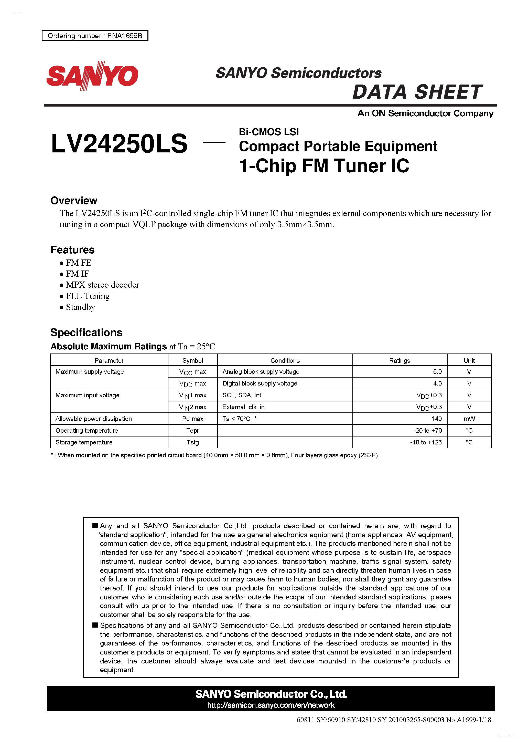 Даташит на микросхему LV24250LS страница 1 Даташит LV24250LS - 1-Chip FM Tuner IC страница 1
