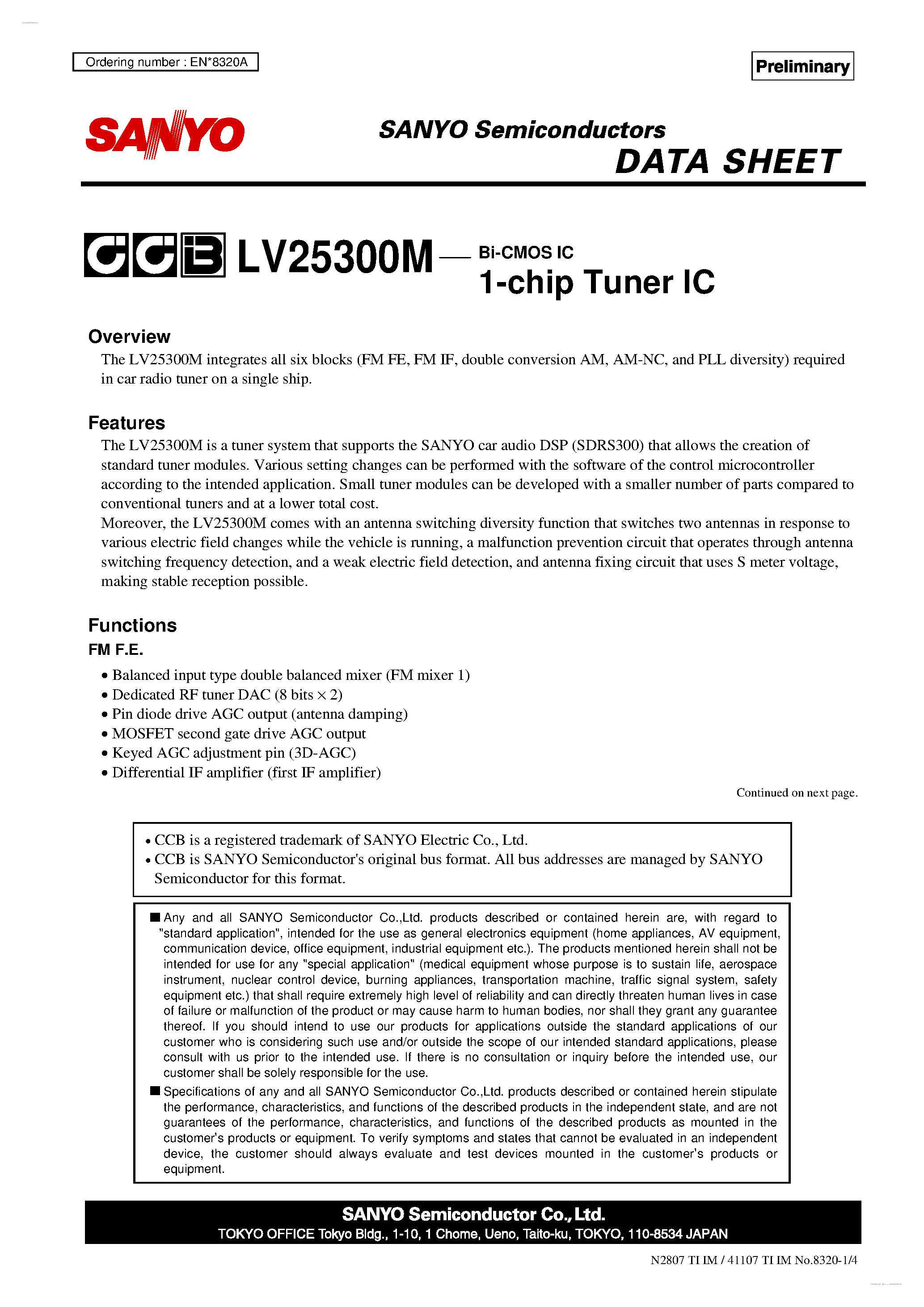 Даташит LV25300M - 1-chip Tuner IC страница 1