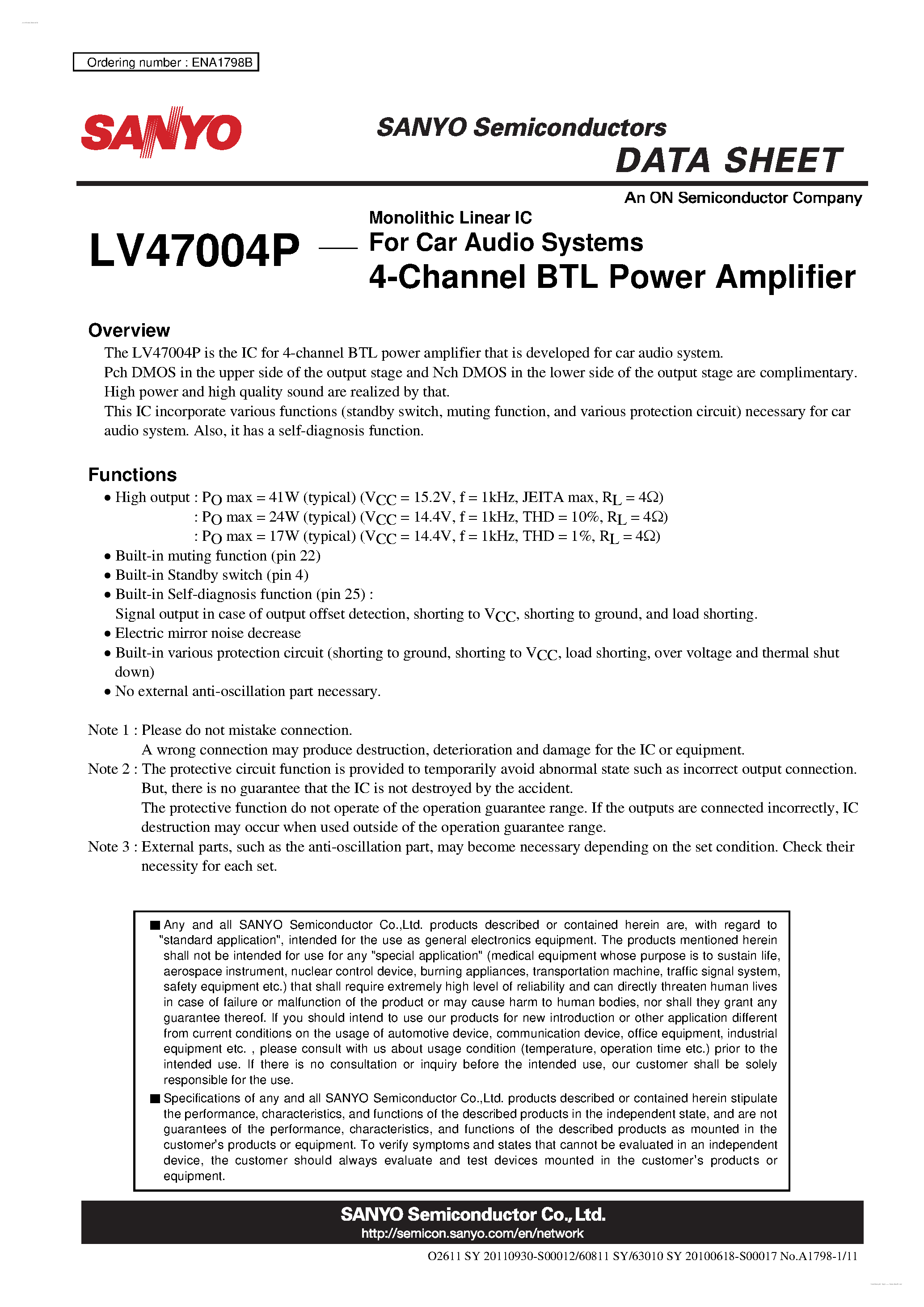 Datasheet LV47004P - 4-Channel BTL Power Amplifier page 1