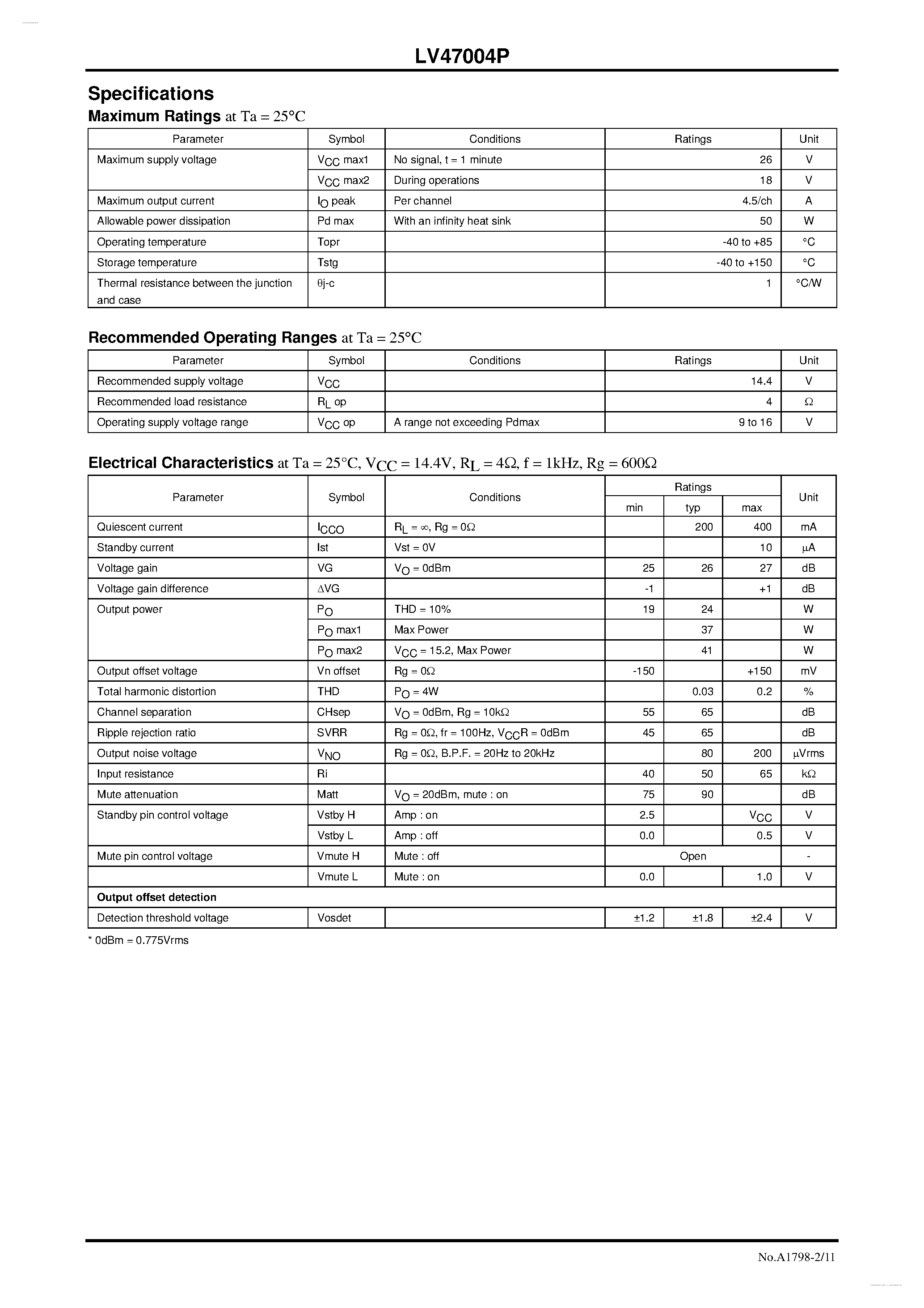 Datasheet LV47004P - 4-Channel BTL Power Amplifier page 2