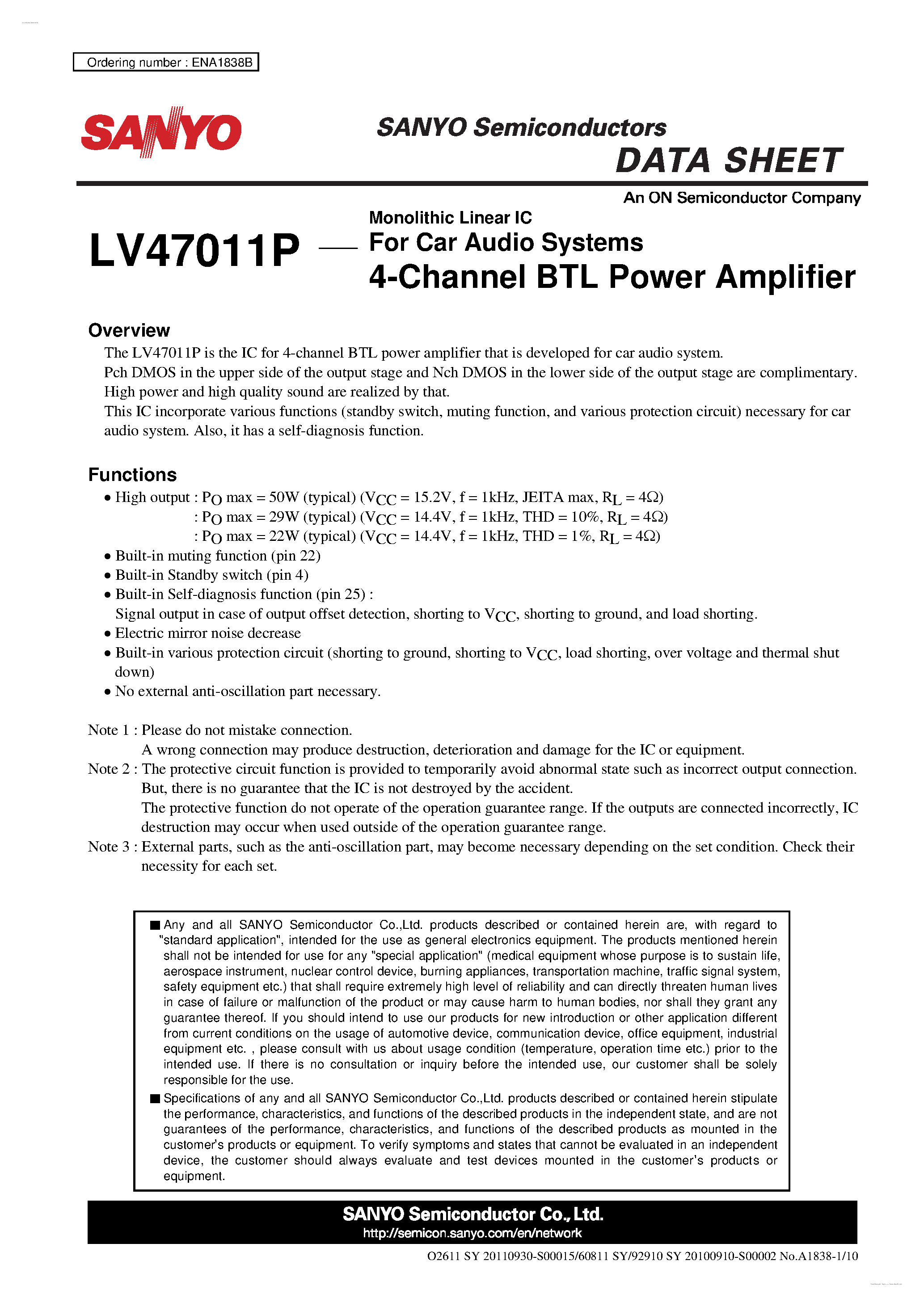 Datasheet LV47011P - 4-Channel BTL Power Amplifier page 1