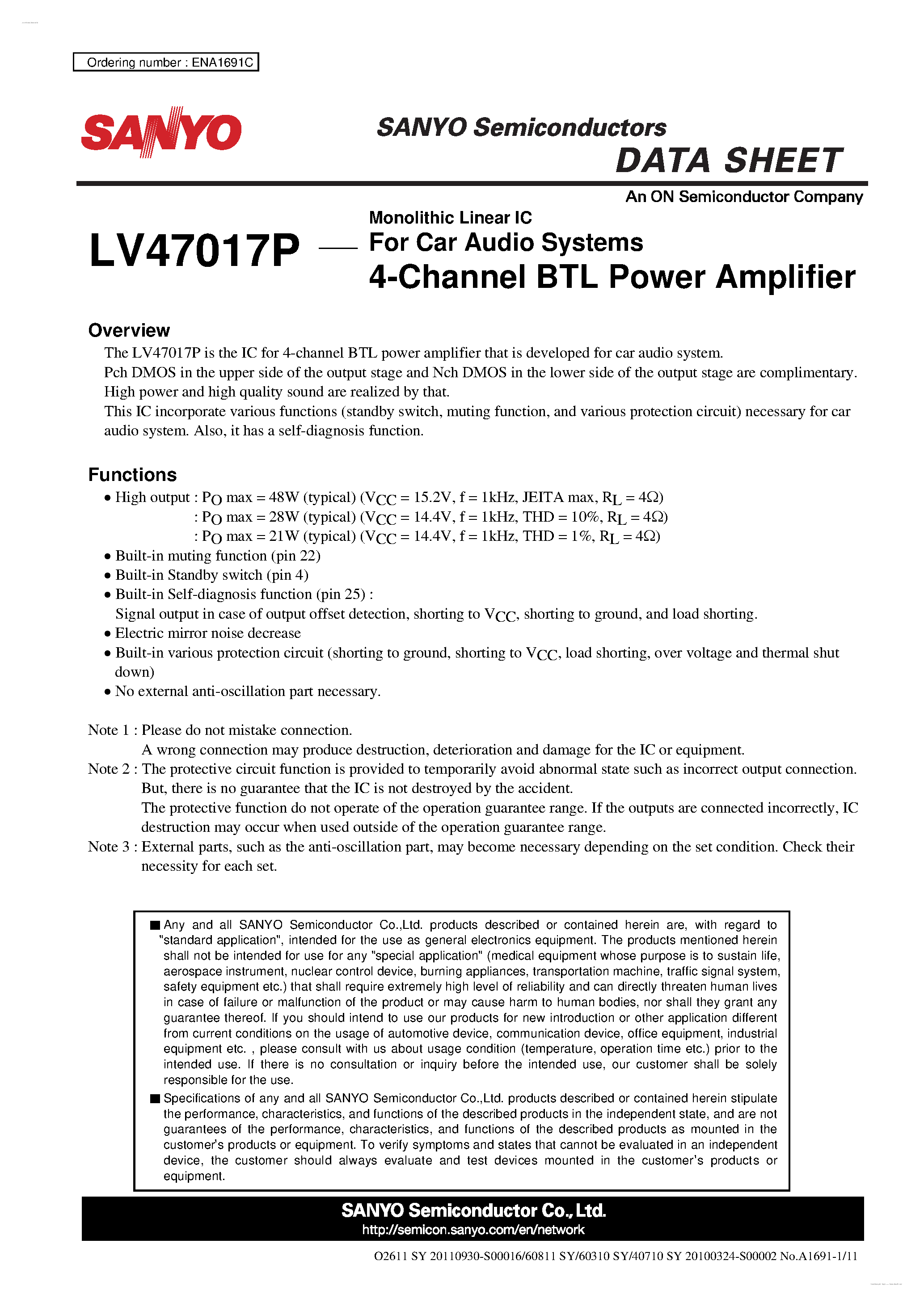 Datasheet LV47017P page 1 Datasheet LV47017P - 4-Channel BTL Power Amplifier page 1