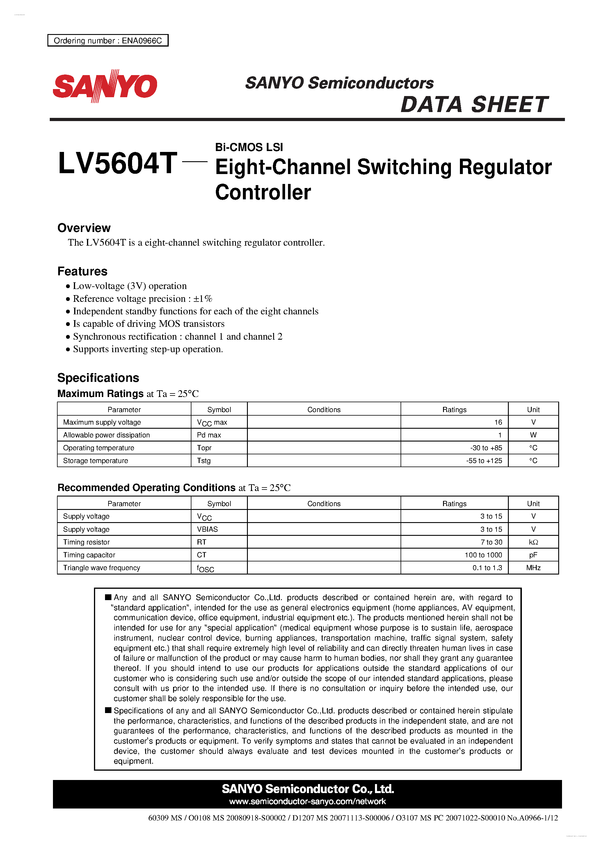 Datasheet LV5604T - Eight-Channel Switching Regulator Controller page 1