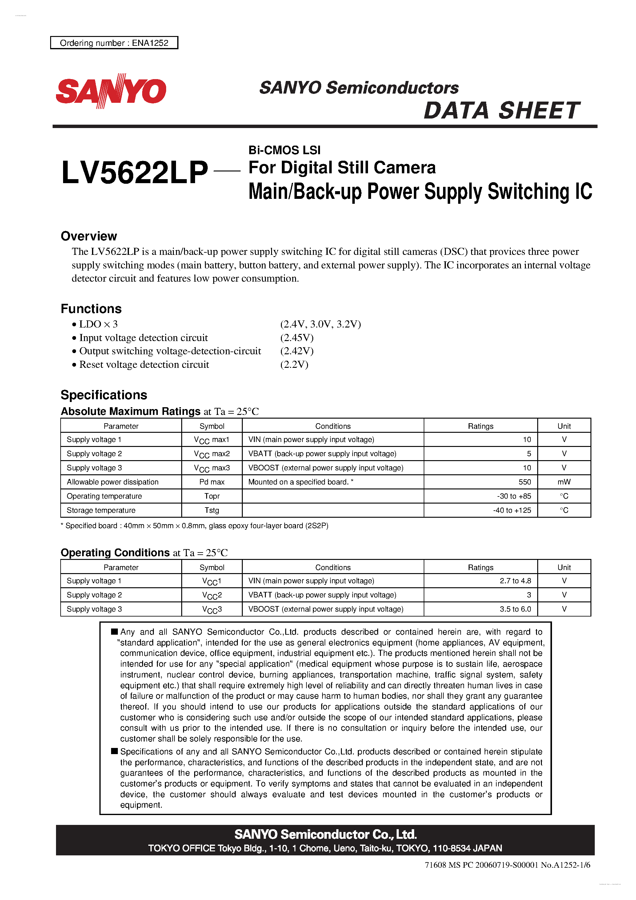 Datasheet LV5622LP - Main/Back-up Power Supply Switching IC page 1