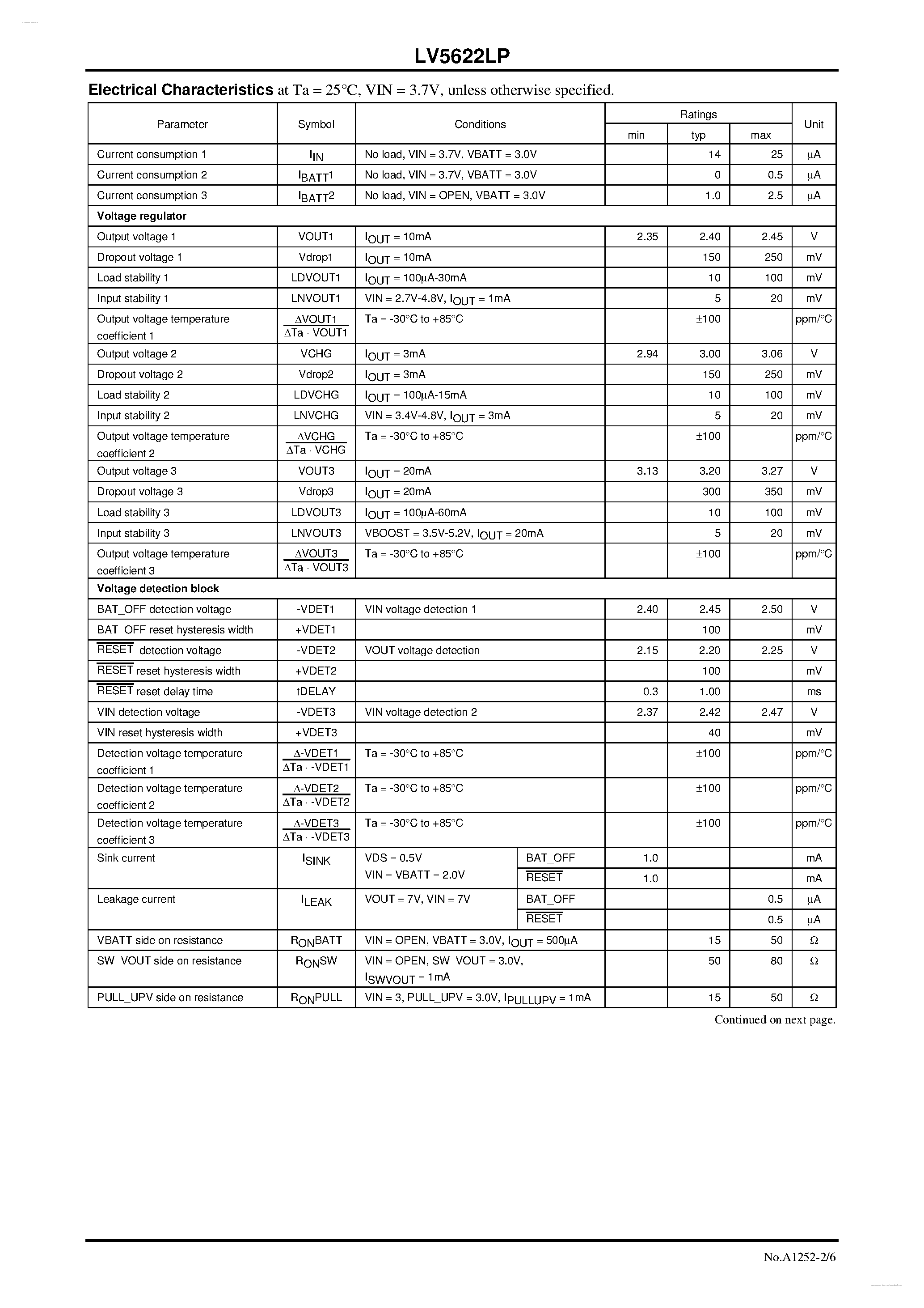 Datasheet LV5622LP - Main/Back-up Power Supply Switching IC page 2