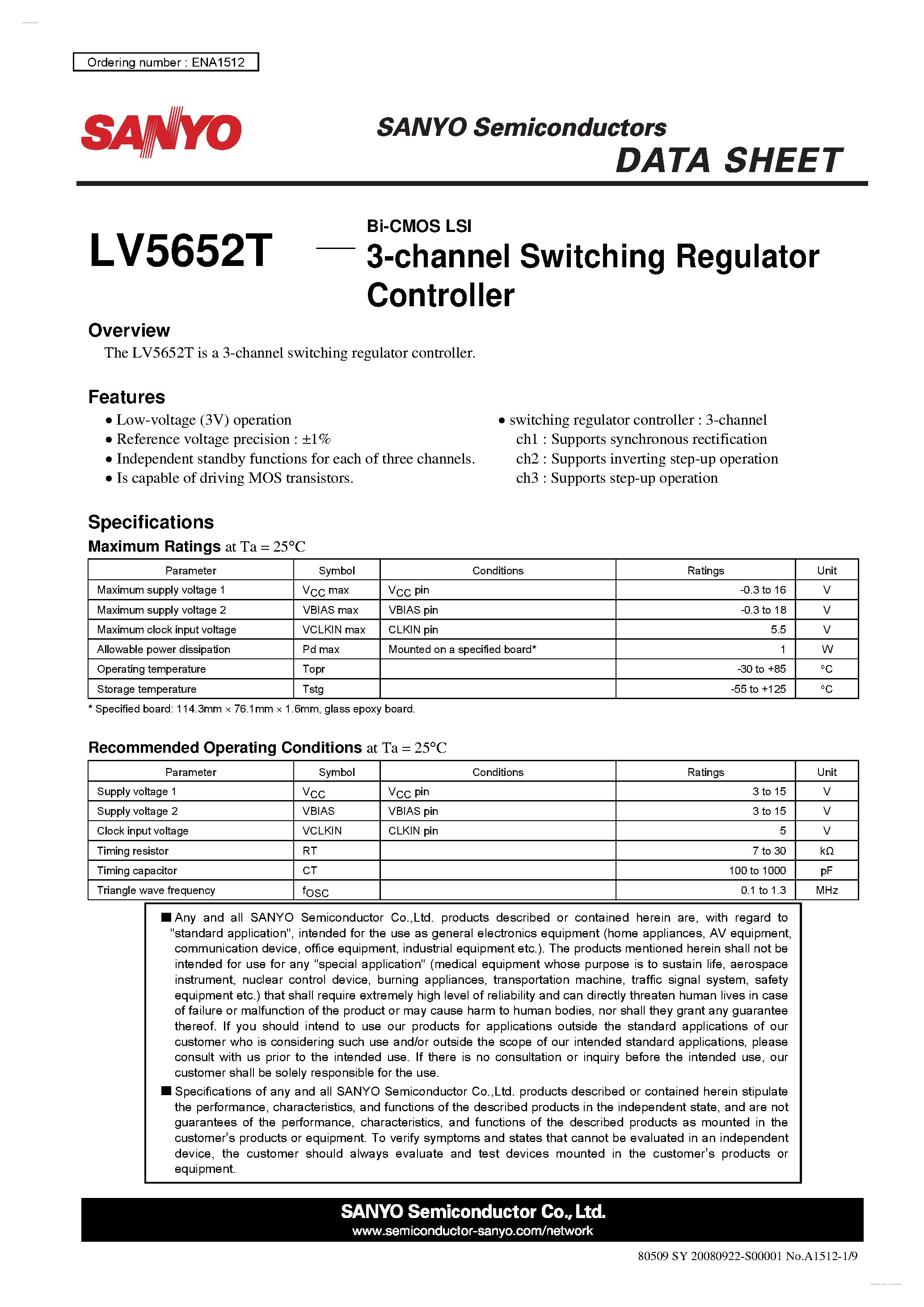 Datasheet LV5652T - 3-channel Switching Regulator Controller page 1