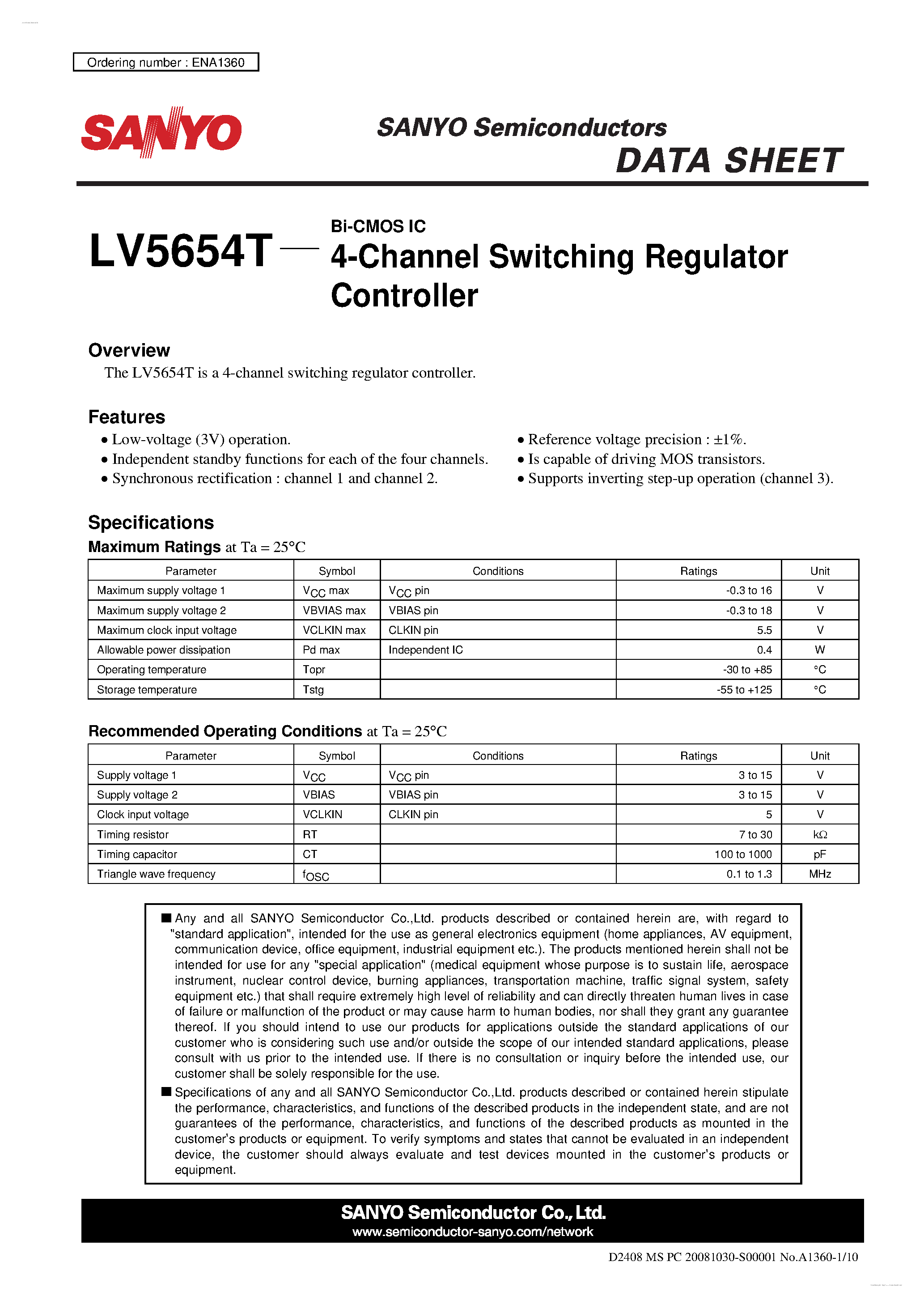 Datasheet LV5654T - 4-channel Switching Regulator Controller page 1