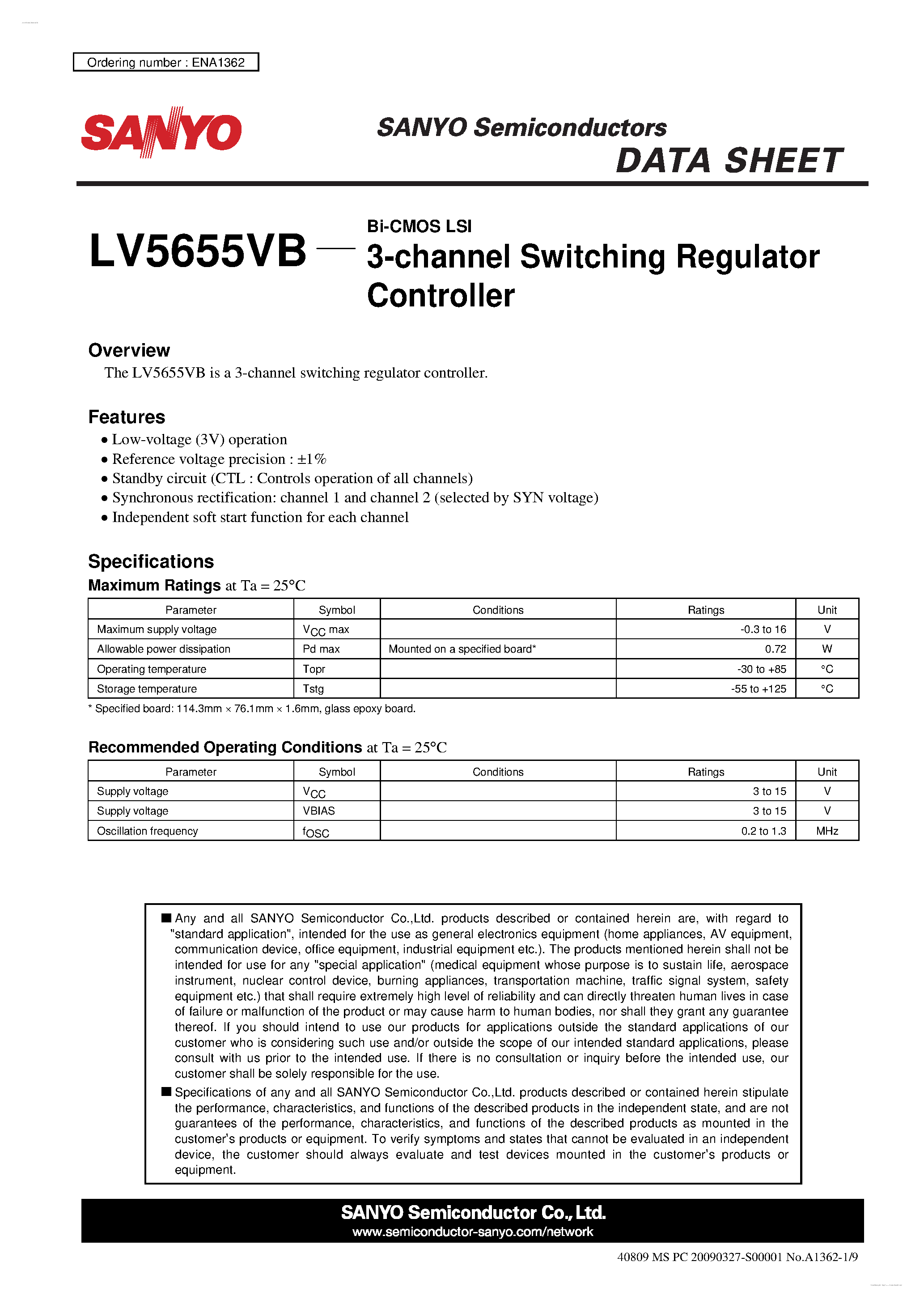 Datasheet LV5655VB - 3-channel Switching Regulator Controller page 1