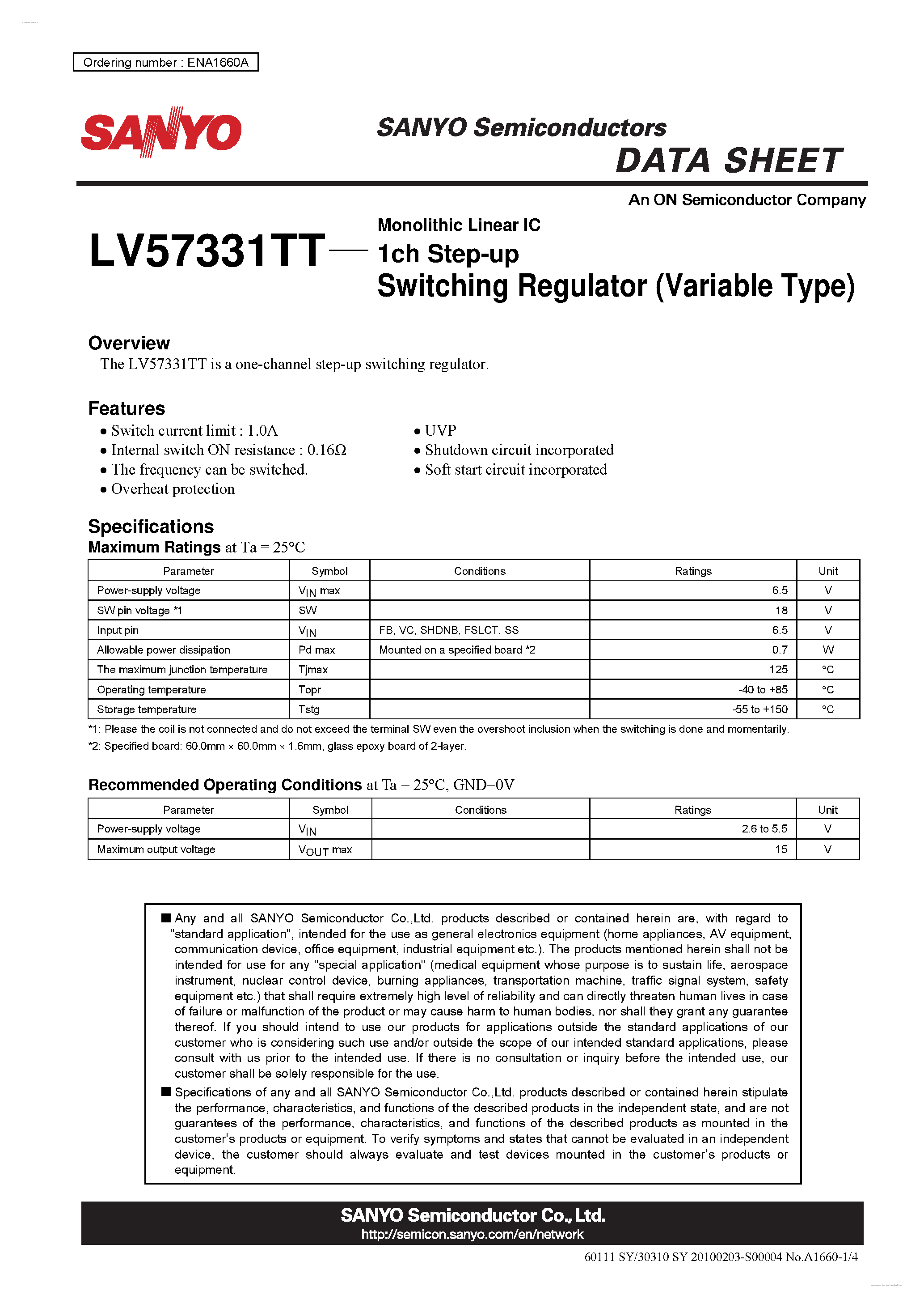 Datasheet LV57331TT - Switching Regulator page 1