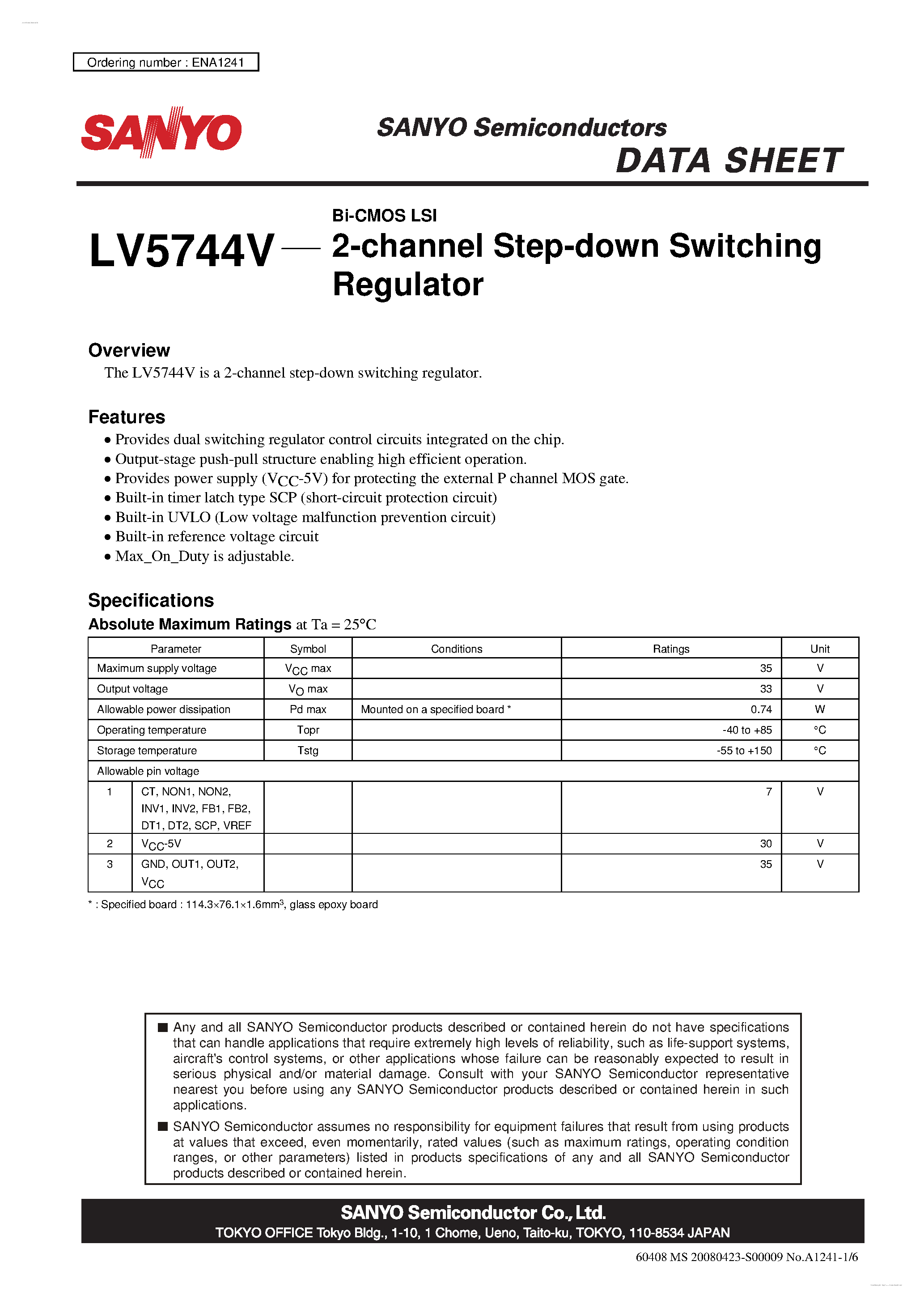 Даташит LV5744V - 2-channel Step-down Switching Regulator страница 1