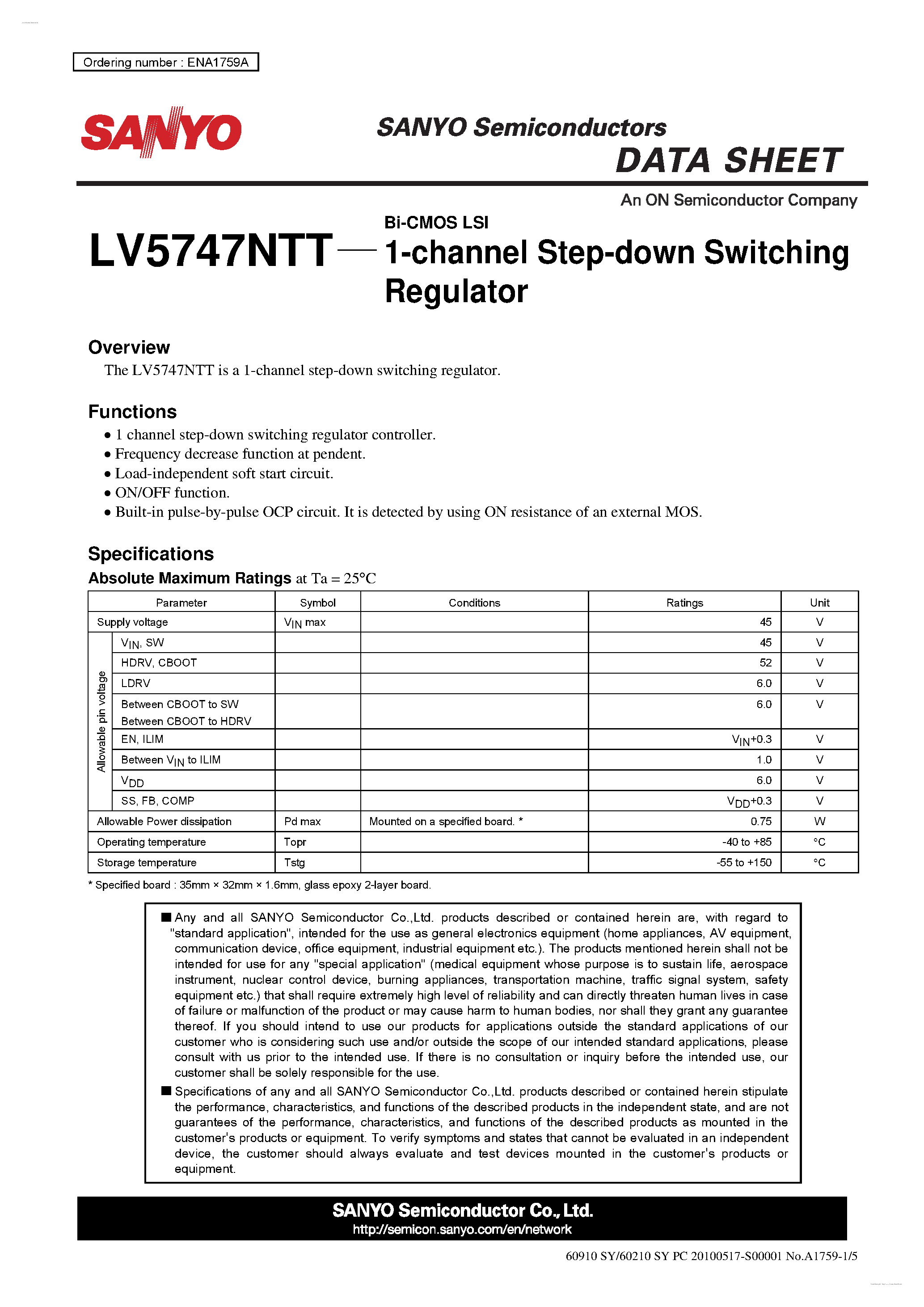 Datasheet LV5747NTT - 1-channel Step-down Switching Regulator page 1