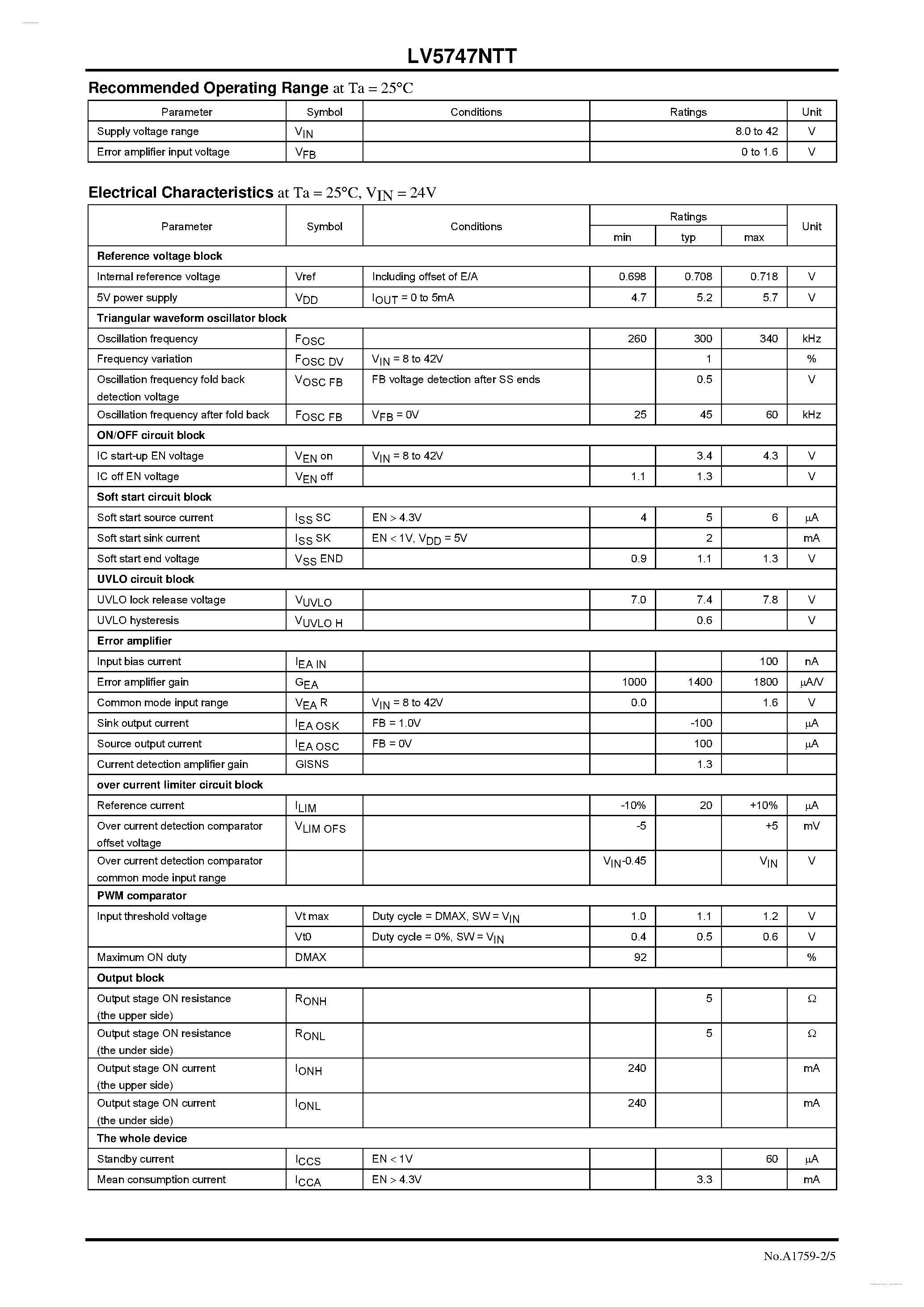 Datasheet LV5747NTT - 1-channel Step-down Switching Regulator page 2