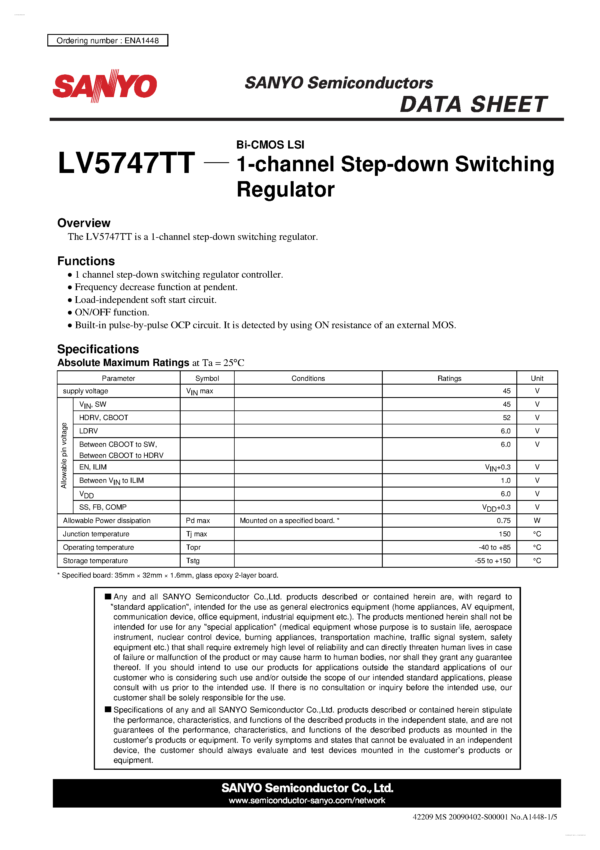 Datasheet LV5747TT - 1-channel Step-down Switching Regulator page 1