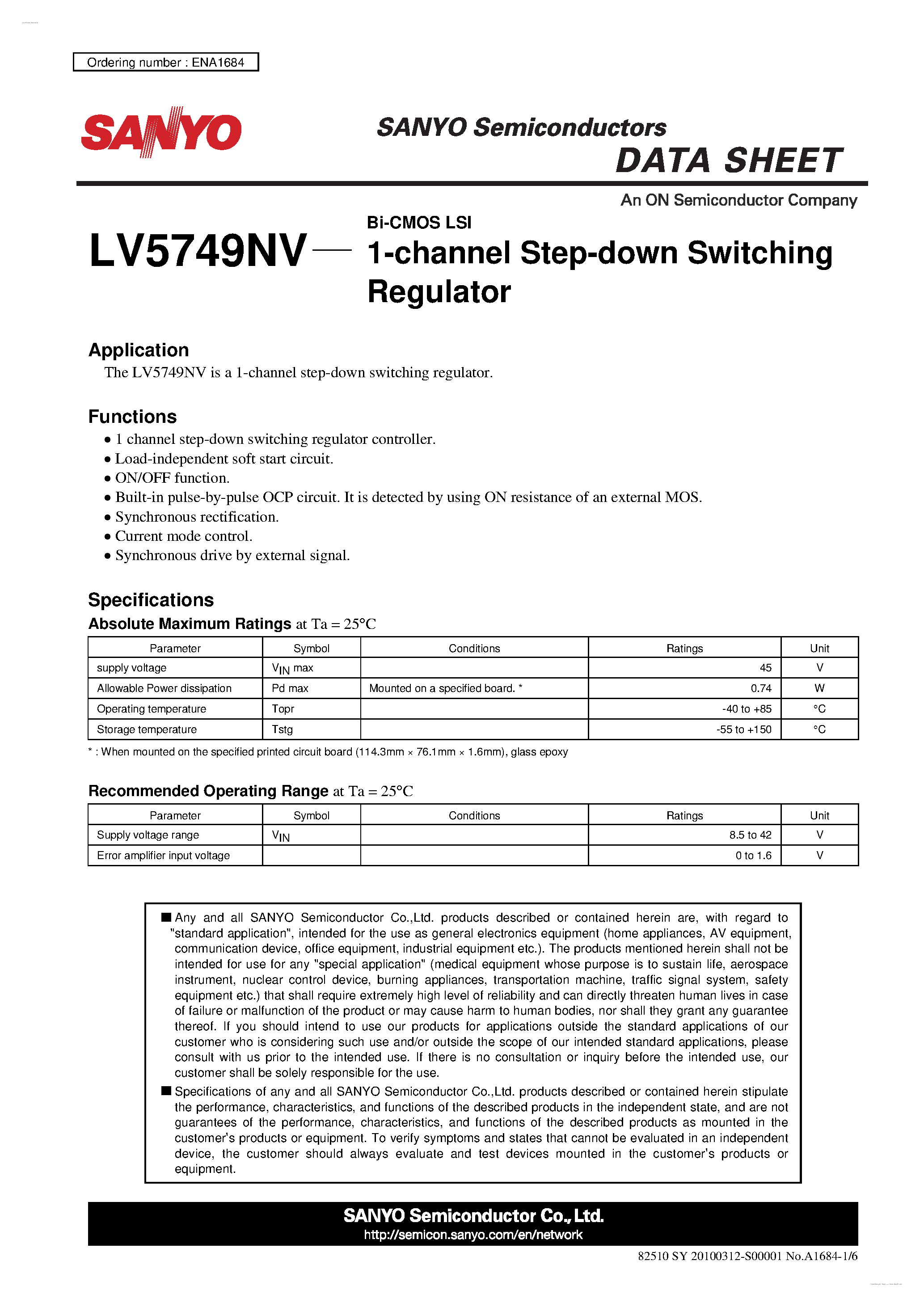 Datasheet LV5749NV - 1-channel Step-down Switching Regulator page 1
