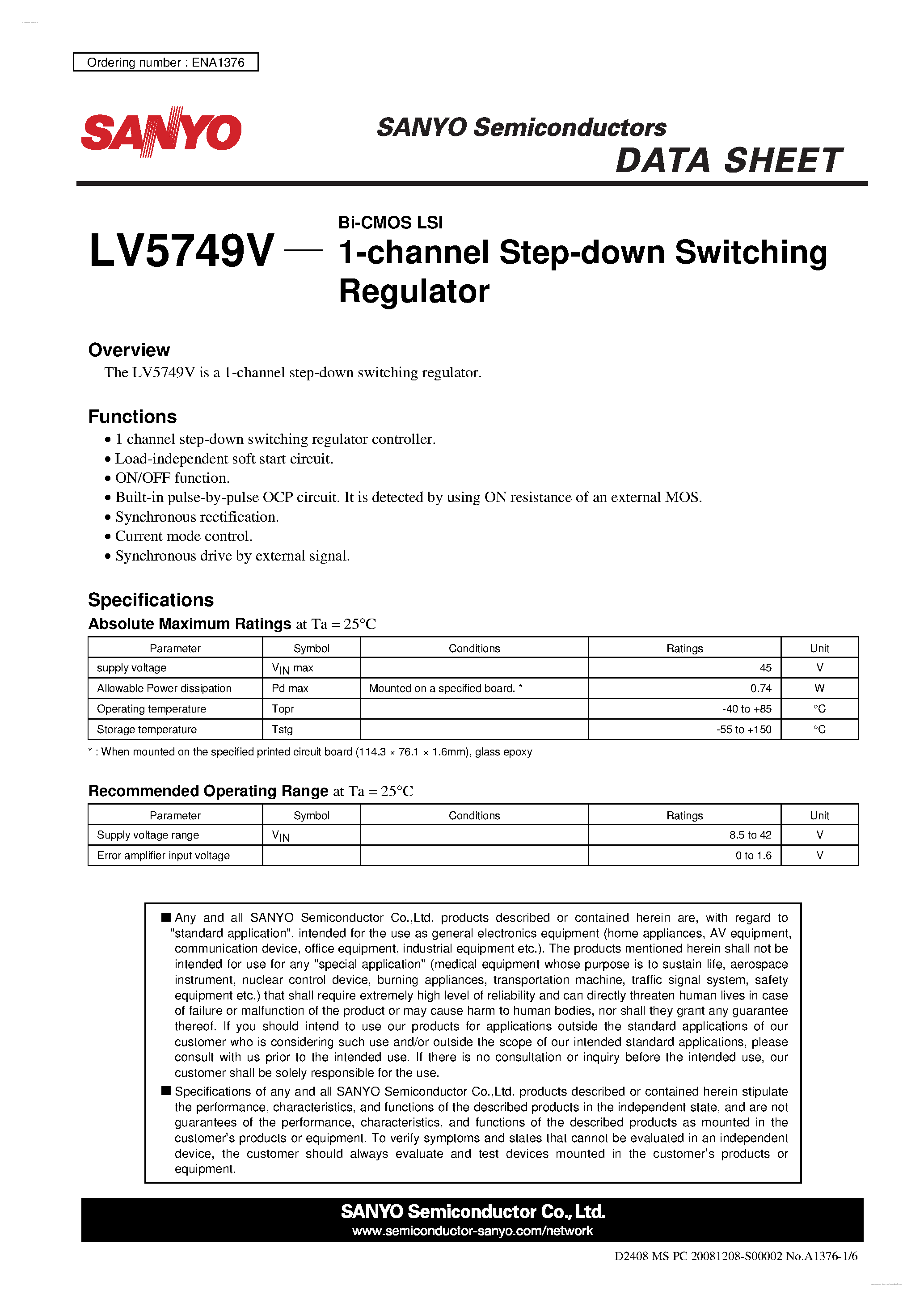 Datasheet LV5749V - 1-channel Step-down Switching Regulator page 1