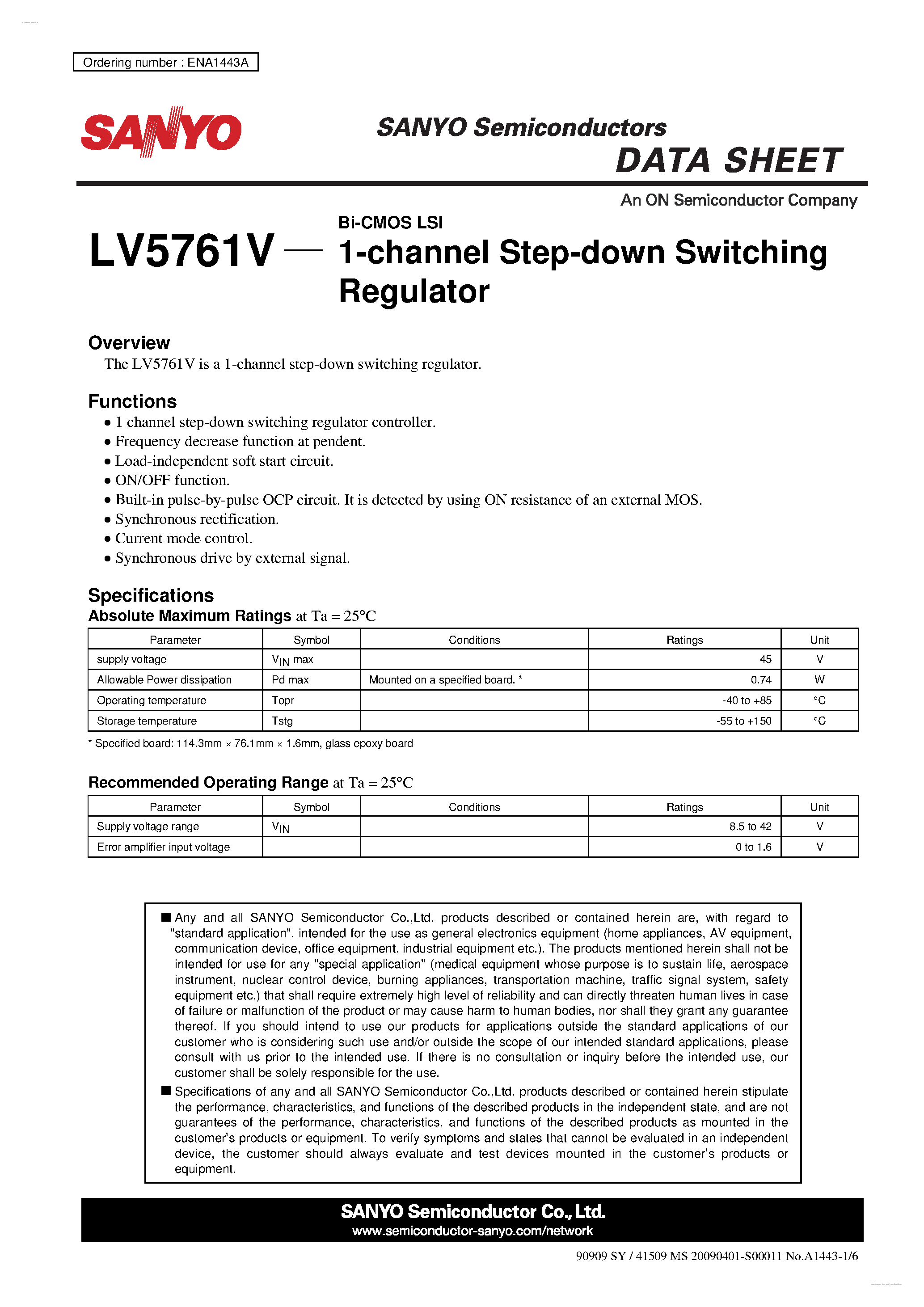 Datasheet LV5761V - 1-channel Step-down Switching Regulator page 1