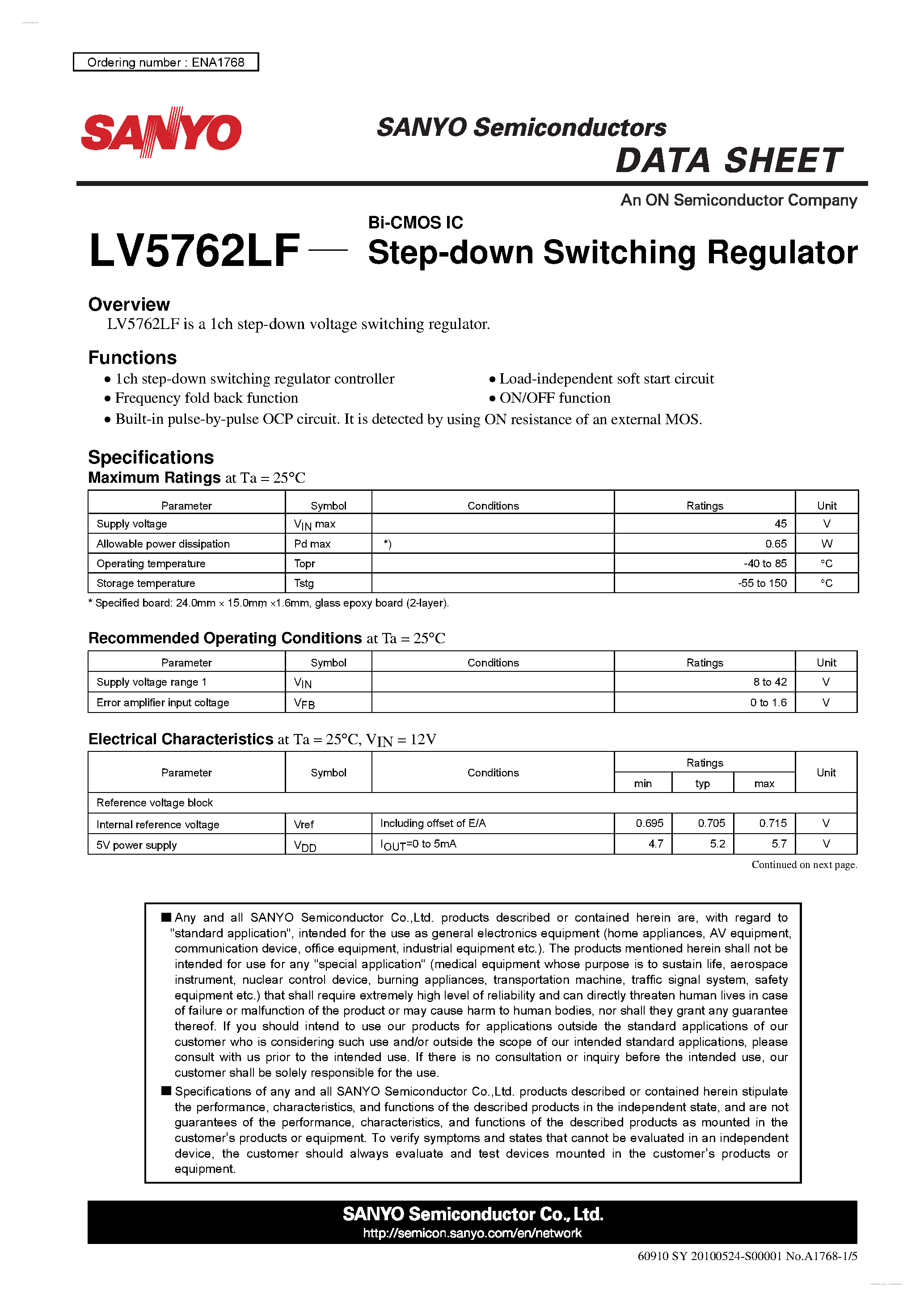 Datasheet LV5762LF - Step-down Switching Regulator page 1