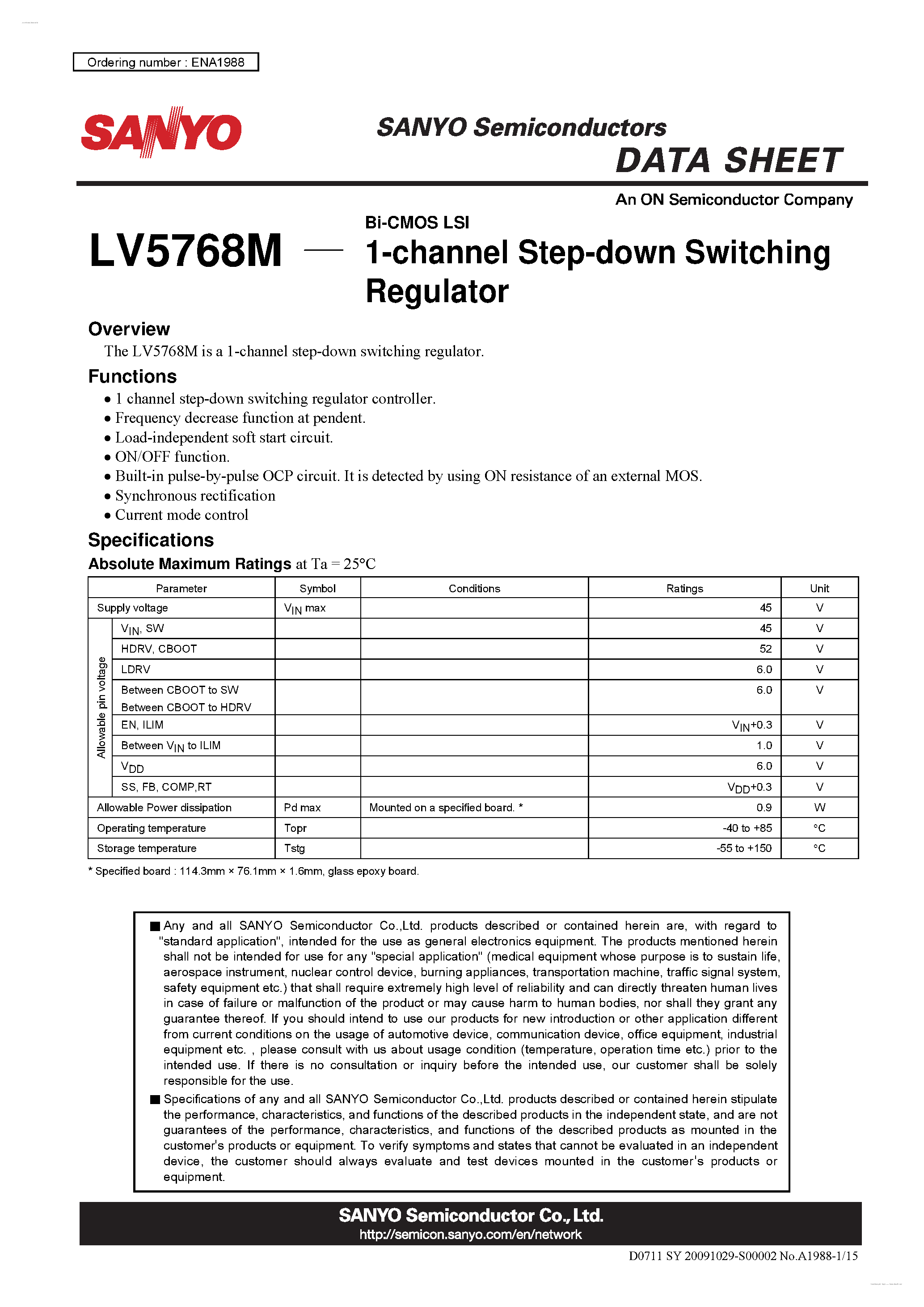 Datasheet LV5768M - 1-channel Step-down Switching Regulator page 1