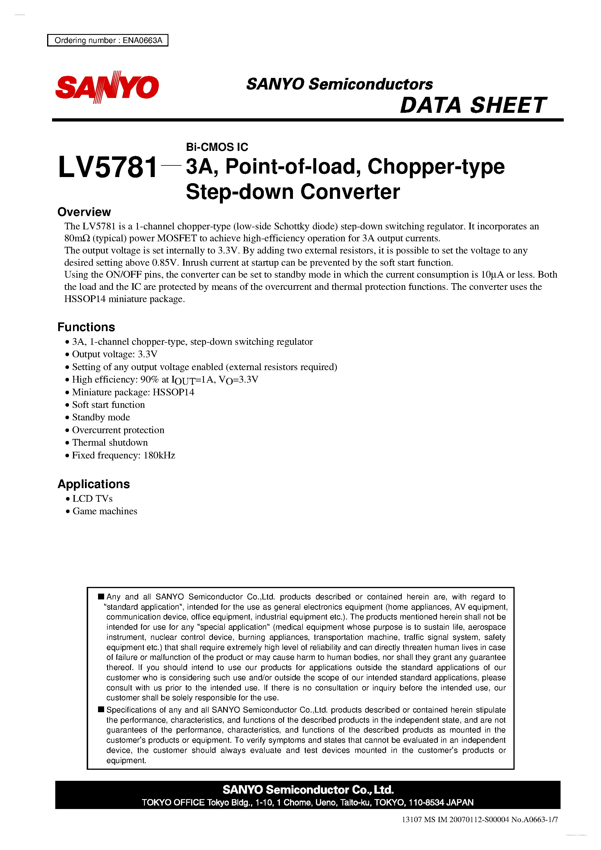 Datasheet LV5781 - Step-down Converter page 1
