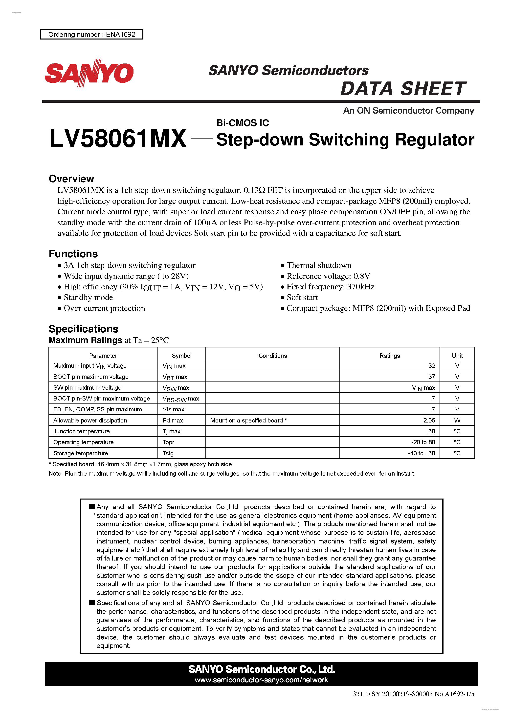 Datasheet LV58061MX - Step-down Switching Regulator page 1