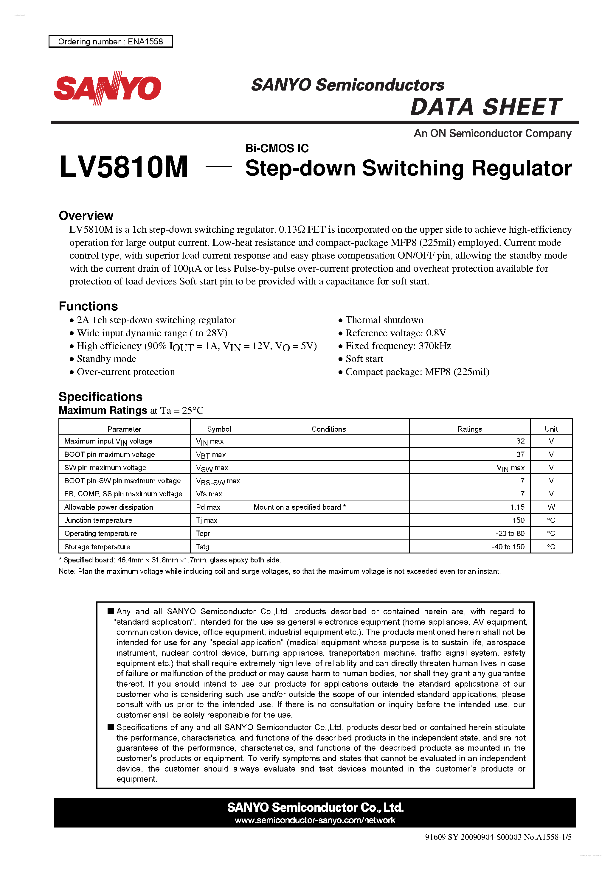 Datasheet LV5810M - Step-down Switching Regulator page 1