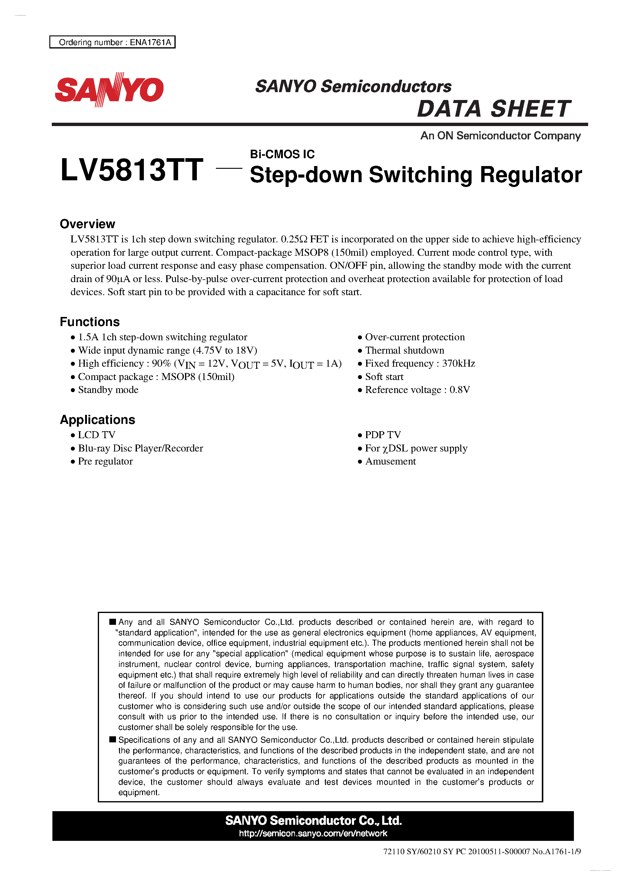 Datasheet LV5813TT - Step-down Switching Regulator page 1