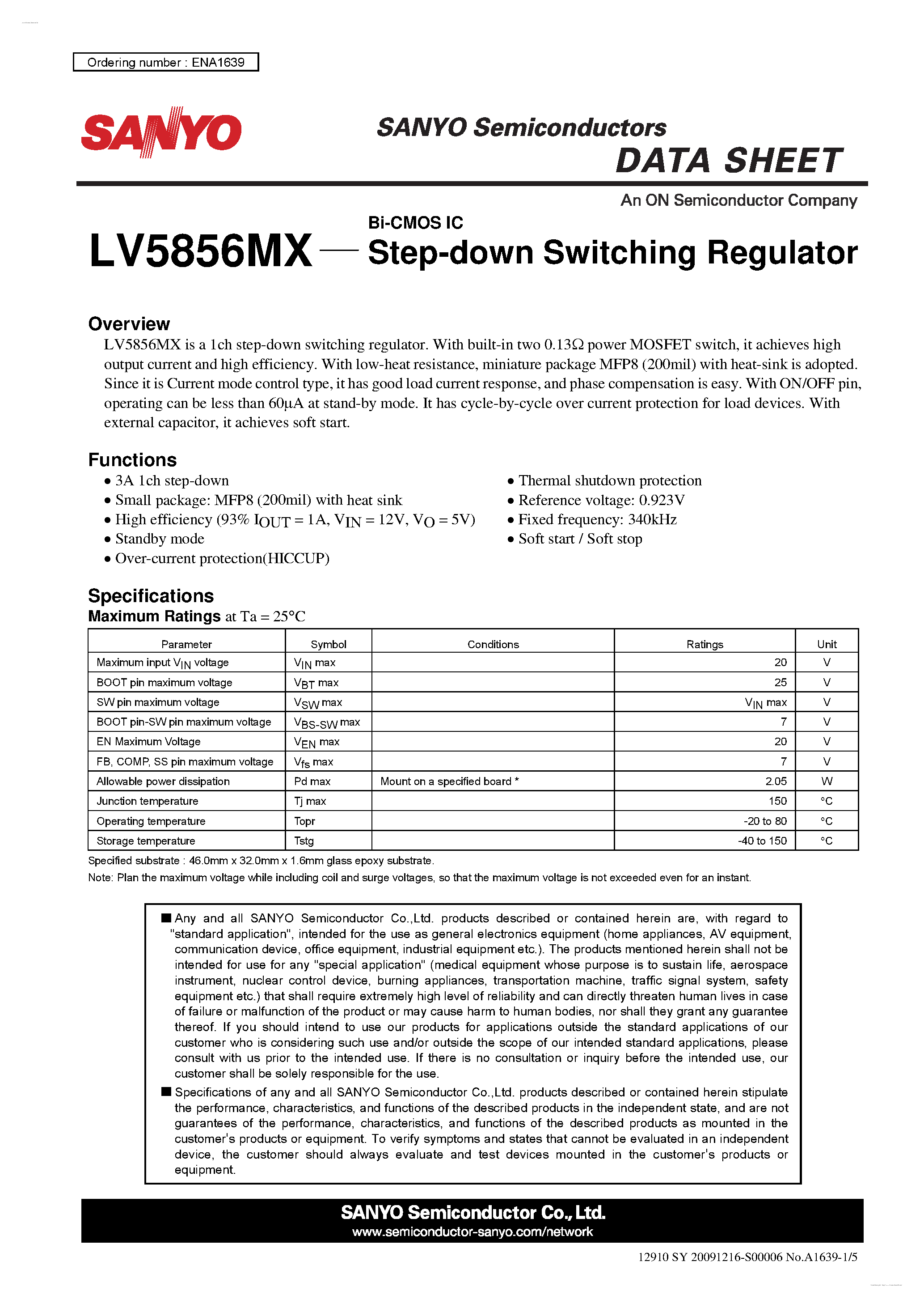 Datasheet LV5856MX - Step-down Switching Regulator page 1