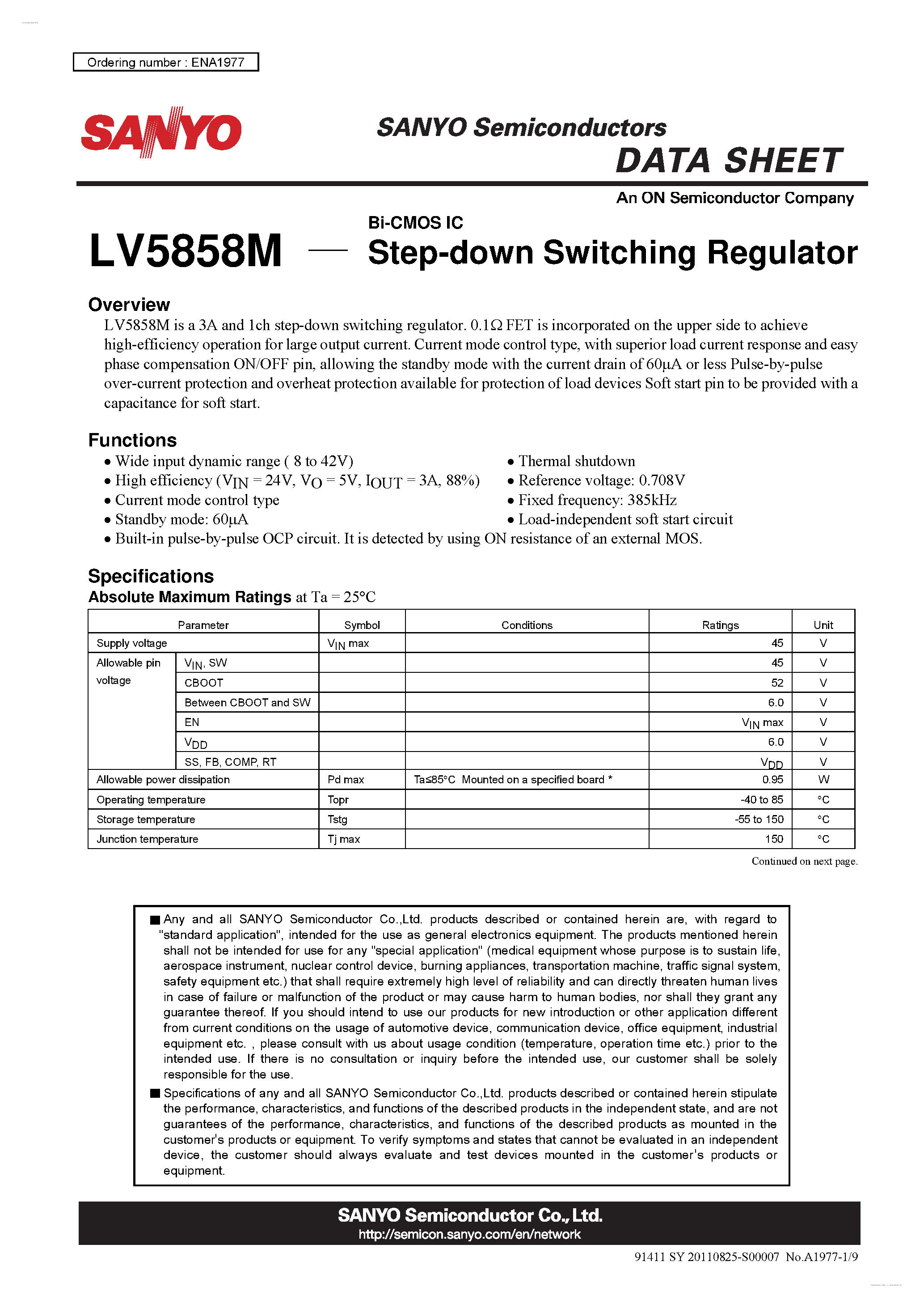 Datasheet LV5858M - Step-down Switching Regulator page 1