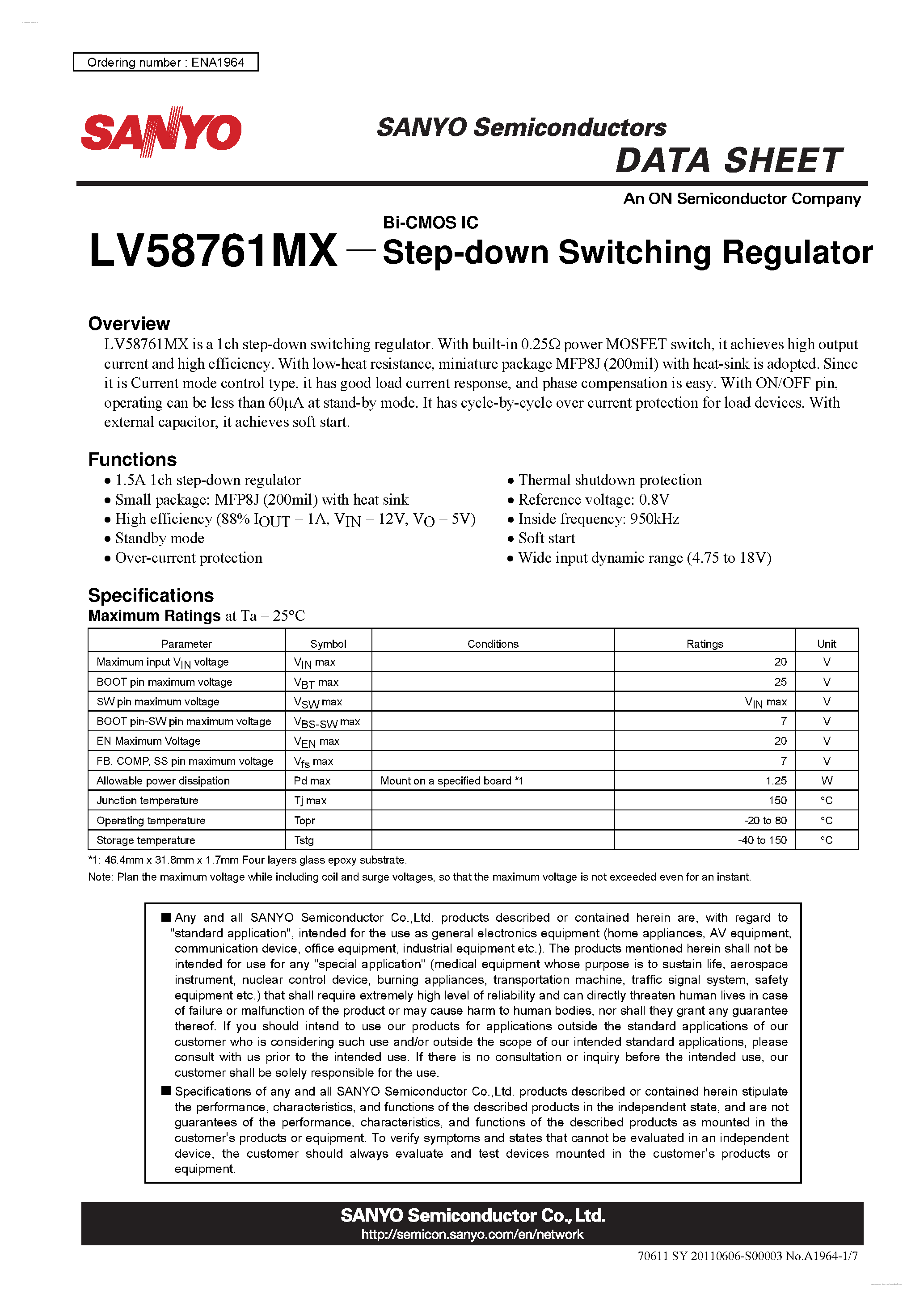 Datasheet LV58761MX - Step-down Switching Regulator page 1